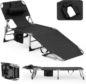 Giantex Beach Chair Chaise Lounge with Face Arm Hole, Detachable Pillow, Adjustable Backrest, Side Pocket, Carry Handle, Outdoor Folding Tanning Chair for Sunbathing(1, Black)