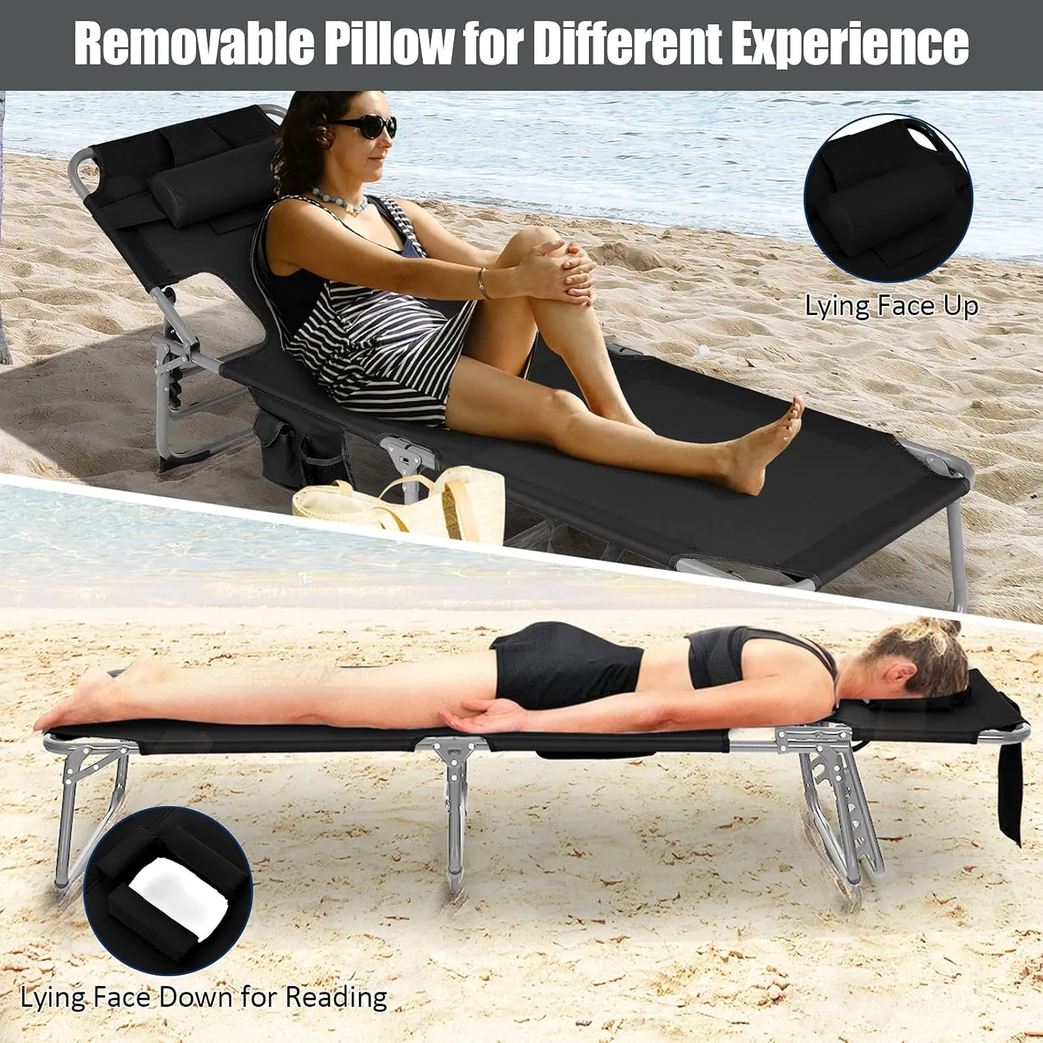 Giantex Beach Chair Chaise Lounge with Face Arm Hole, Detachable Pillow, Adjustable Backrest, Side Pocket, Carry Handle, Outdoor Folding Tanning Chair for Sunbathing(1, Black)