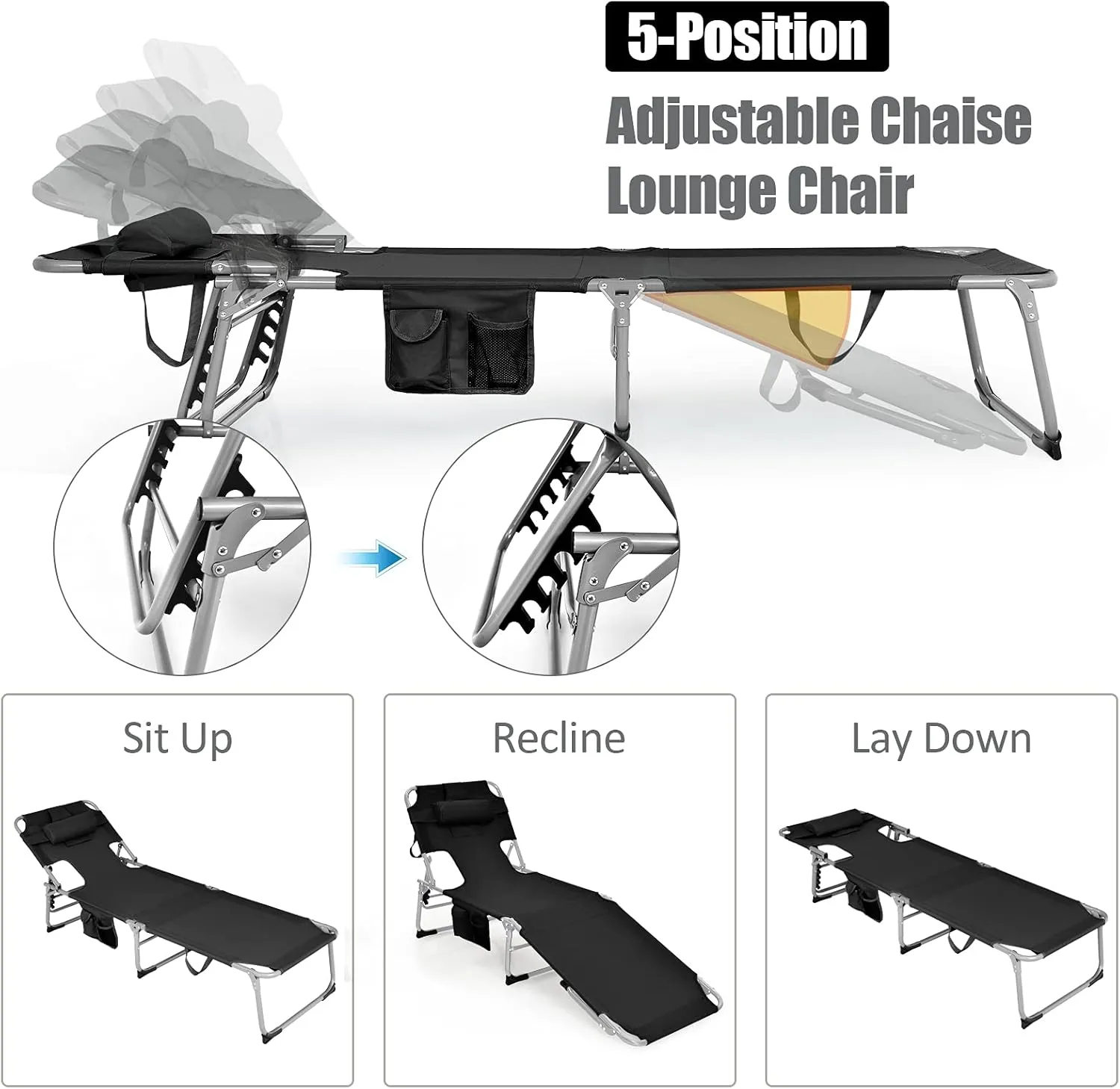 Giantex Beach Chair Chaise Lounge with Face Arm Hole, Detachable Pillow, Adjustable Backrest, Side Pocket, Carry Handle, Outdoor Folding Tanning Chair for Sunbathing(1, Black)