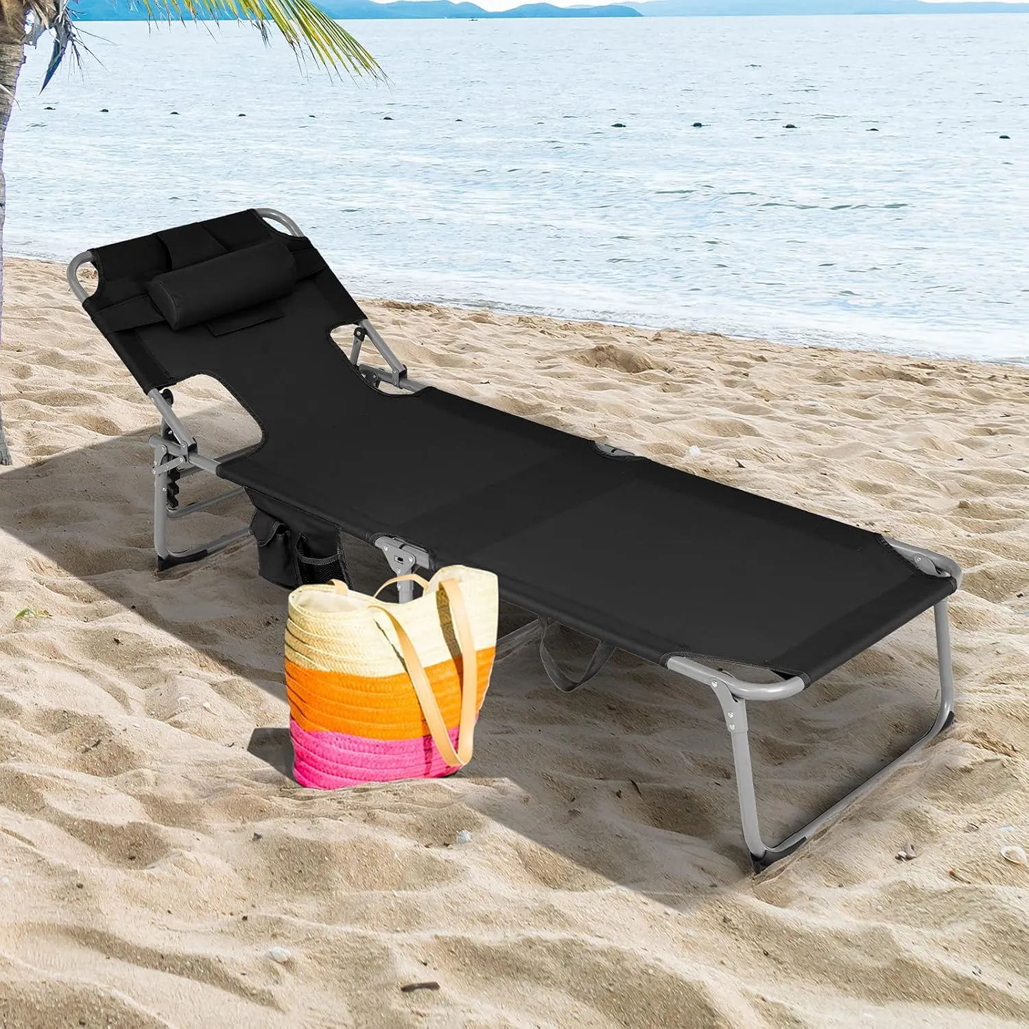 Giantex Beach Chair Chaise Lounge with Face Arm Hole, Detachable Pillow, Adjustable Backrest, Side Pocket, Carry Handle, Outdoor Folding Tanning Chair for Sunbathing(1, Black)