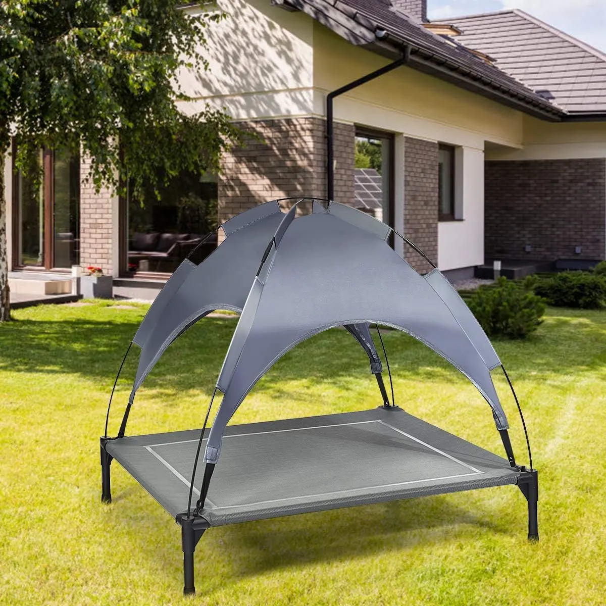 Giantex Elevated Dog Bed with Removable Canopy, Portable Raised Pet Cot Cooling Dog Bed for Camping Beach Lawn, Keep Dogs Cats Cool in Summer, Breathable Fabric Steel Frame, Easy Assembly