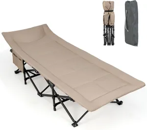 Giantex Folding Camping Cot for Adults - Sleeping Cot Bed with Carry Bag, Cushion & Headrest, 10 Foots, Double Layer Pad, Portable Travel Bed Supports 450 lbs for Lounging, Camp, Tent Cot (Beige)