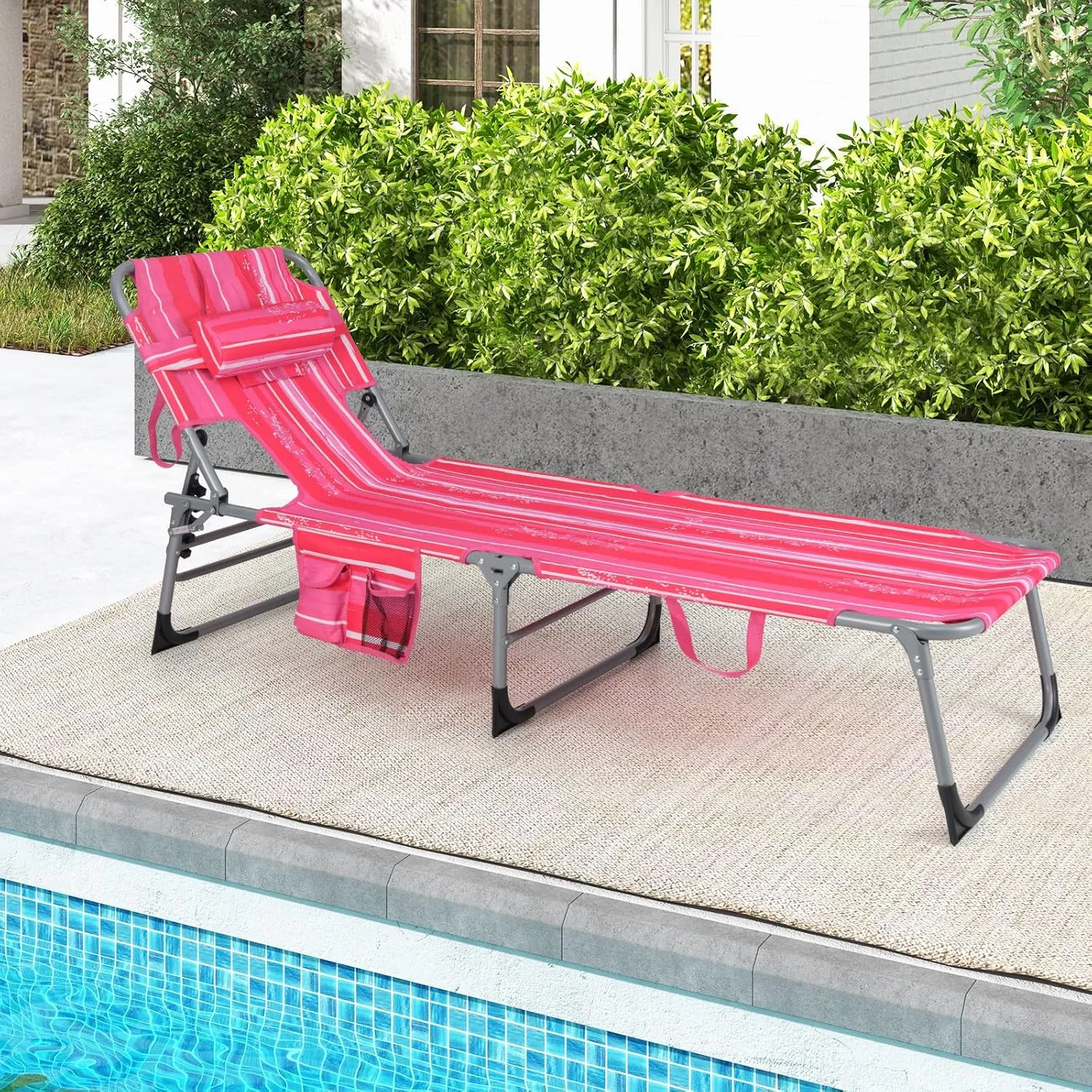 Giantex Lounge Chair, Beach Chair with Face Arm Hole, Detachable Pillow, Adjustable Backrest, Side Pocket, Carry Handle, Outdoor Folding Chaise Lounge, Sunbathing Chair for Tanning, Stripe Pink