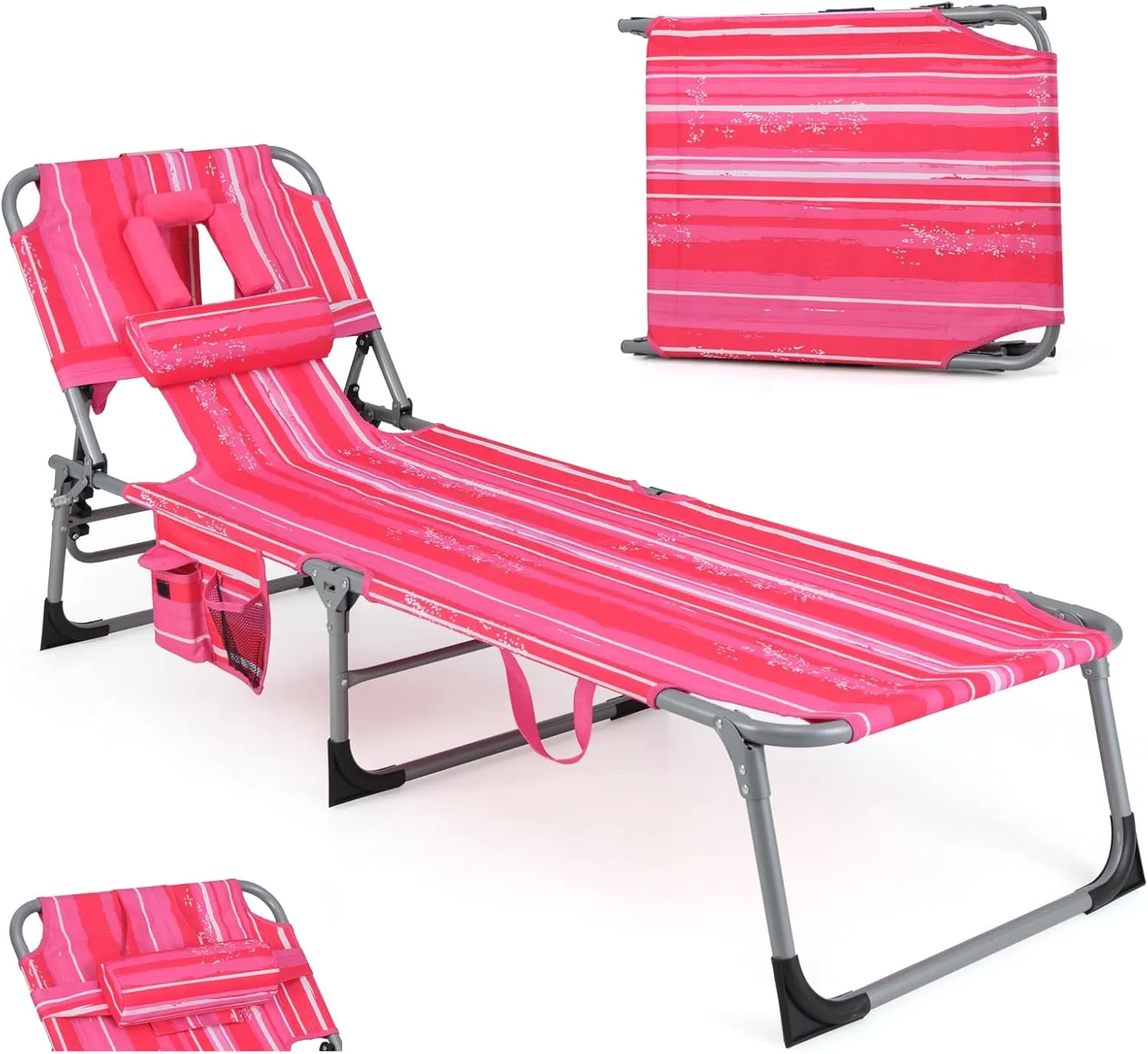 Giantex Lounge Chair, Beach Chair with Face Arm Hole, Detachable Pillow, Adjustable Backrest, Side Pocket, Carry Handle, Outdoor Folding Chaise Lounge, Sunbathing Chair for Tanning, Stripe Pink