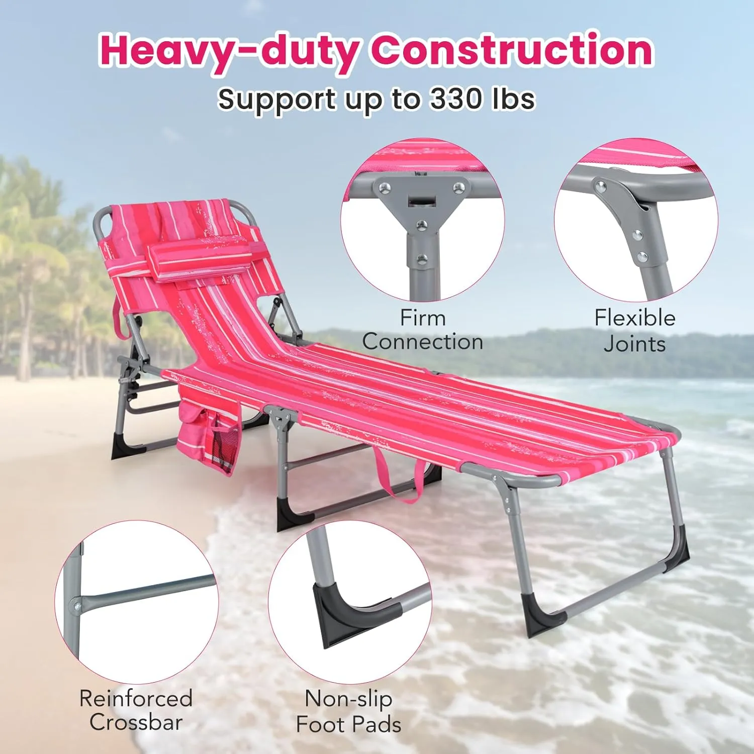 Giantex Lounge Chair, Beach Chair with Face Arm Hole, Detachable Pillow, Adjustable Backrest, Side Pocket, Carry Handle, Outdoor Folding Chaise Lounge, Sunbathing Chair for Tanning, Stripe Pink