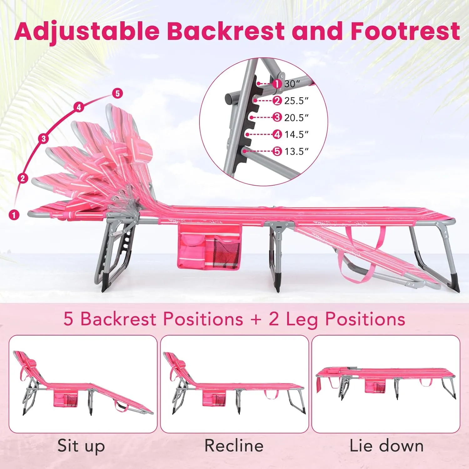Giantex Lounge Chair, Beach Chair with Face Arm Hole, Detachable Pillow, Adjustable Backrest, Side Pocket, Carry Handle, Outdoor Folding Chaise Lounge, Sunbathing Chair for Tanning, Stripe Pink