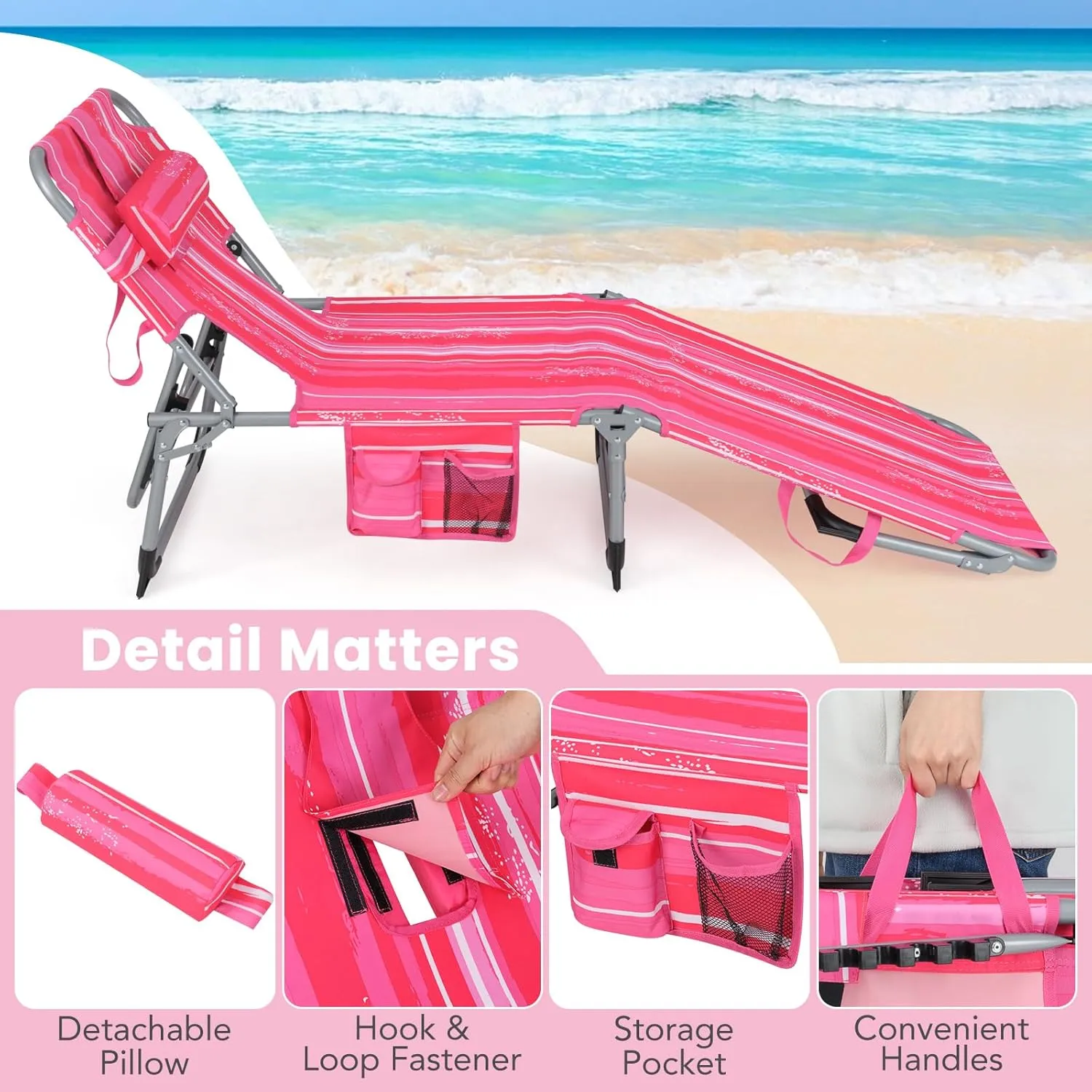 Giantex Lounge Chair, Beach Chair with Face Arm Hole, Detachable Pillow, Adjustable Backrest, Side Pocket, Carry Handle, Outdoor Folding Chaise Lounge, Sunbathing Chair for Tanning, Stripe Pink