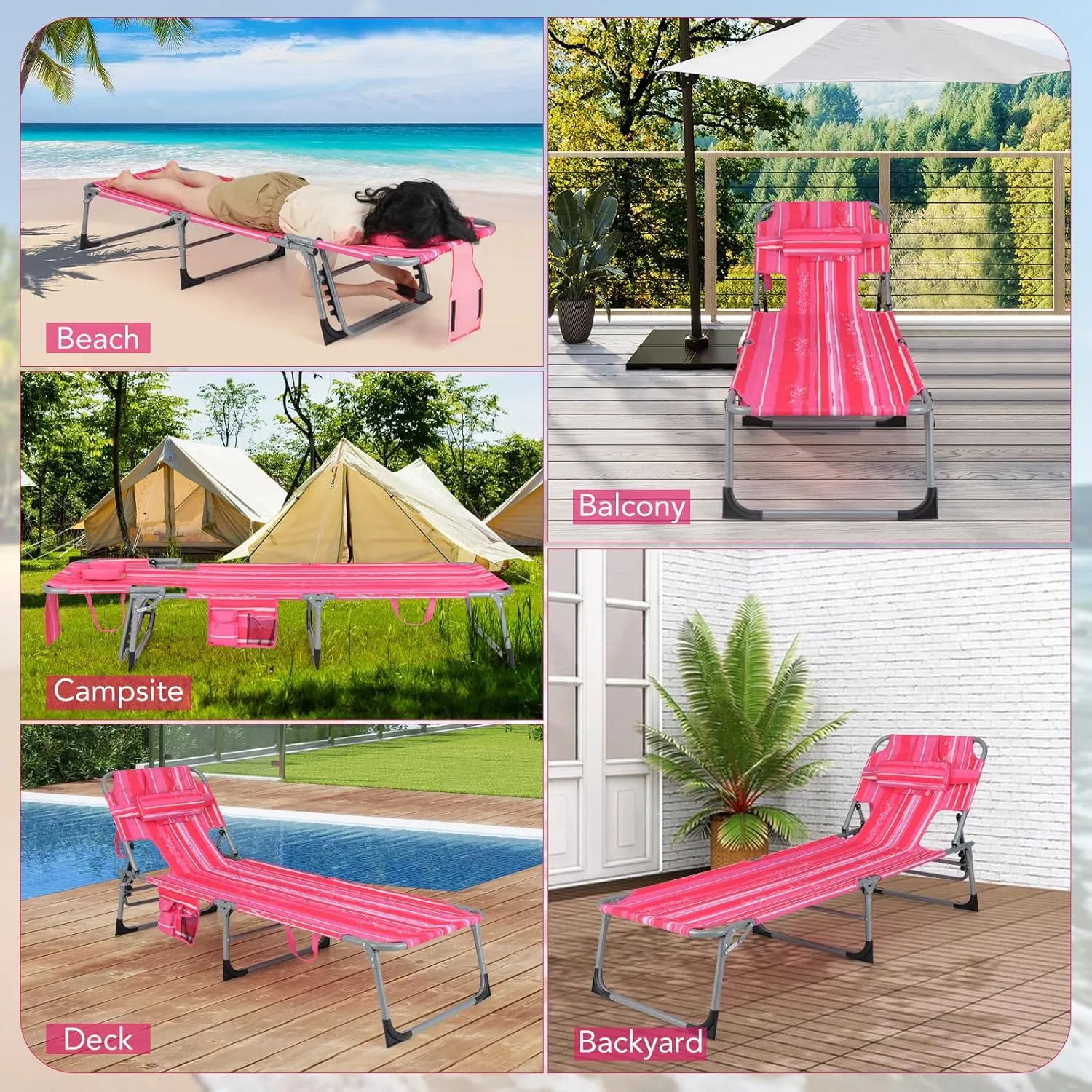 Giantex Lounge Chair, Beach Chair with Face Arm Hole, Detachable Pillow, Adjustable Backrest, Side Pocket, Carry Handle, Outdoor Folding Chaise Lounge, Sunbathing Chair for Tanning, Stripe Pink