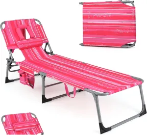 Giantex Lounge Chair, Beach Chair with Face Arm Hole, Detachable Pillow, Adjustable Backrest, Side Pocket, Carry Handle, Outdoor Folding Chaise Lounge, Sunbathing Chair for Tanning, Stripe Pink