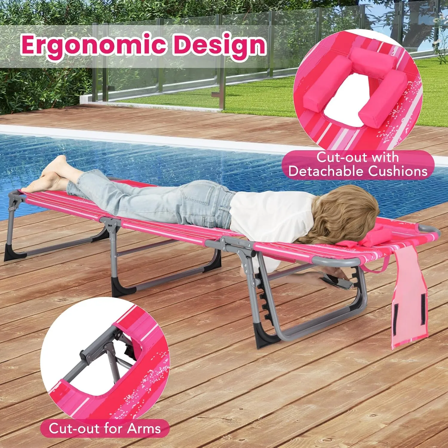 Giantex Lounge Chair, Beach Chair with Face Arm Hole, Detachable Pillow, Adjustable Backrest, Side Pocket, Carry Handle, Outdoor Folding Chaise Lounge, Sunbathing Chair for Tanning, Stripe Pink