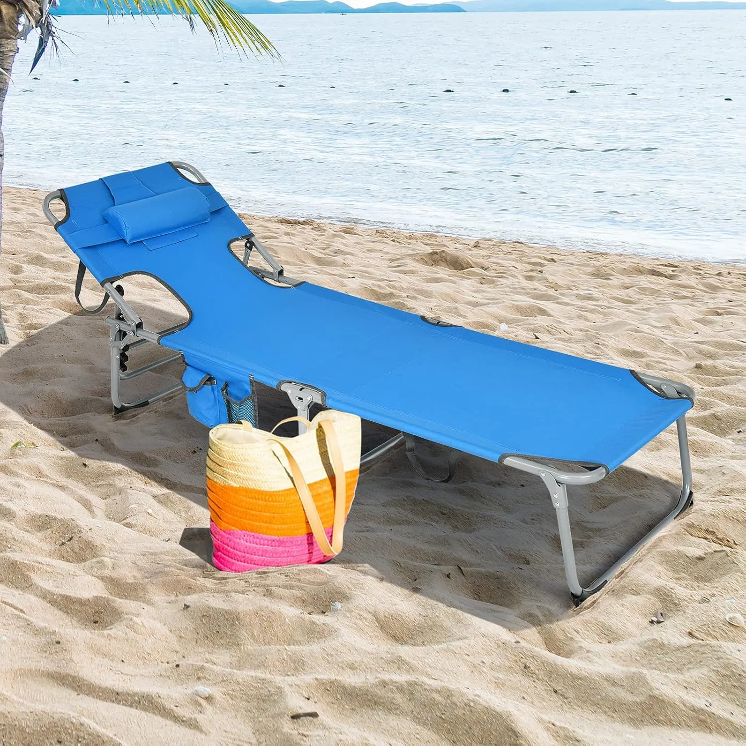 Giantex Lounge Chair Outdoor, Tanning Chair, Folding Beach Chair with Face Arm Hole, Washable Pillow, Side Pocket, Carry Handle, Adjustable Pool Lounger for Patio, Lawn, Lounge Chair Outside, Blue