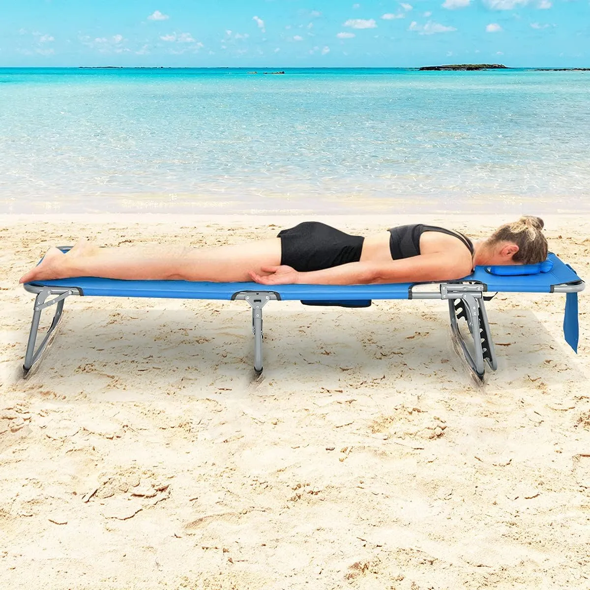 Giantex Lounge Chair Outdoor, Tanning Chair, Folding Beach Chair with Face Arm Hole, Washable Pillow, Side Pocket, Carry Handle, Adjustable Pool Lounger for Patio, Lawn, Lounge Chair Outside, Blue