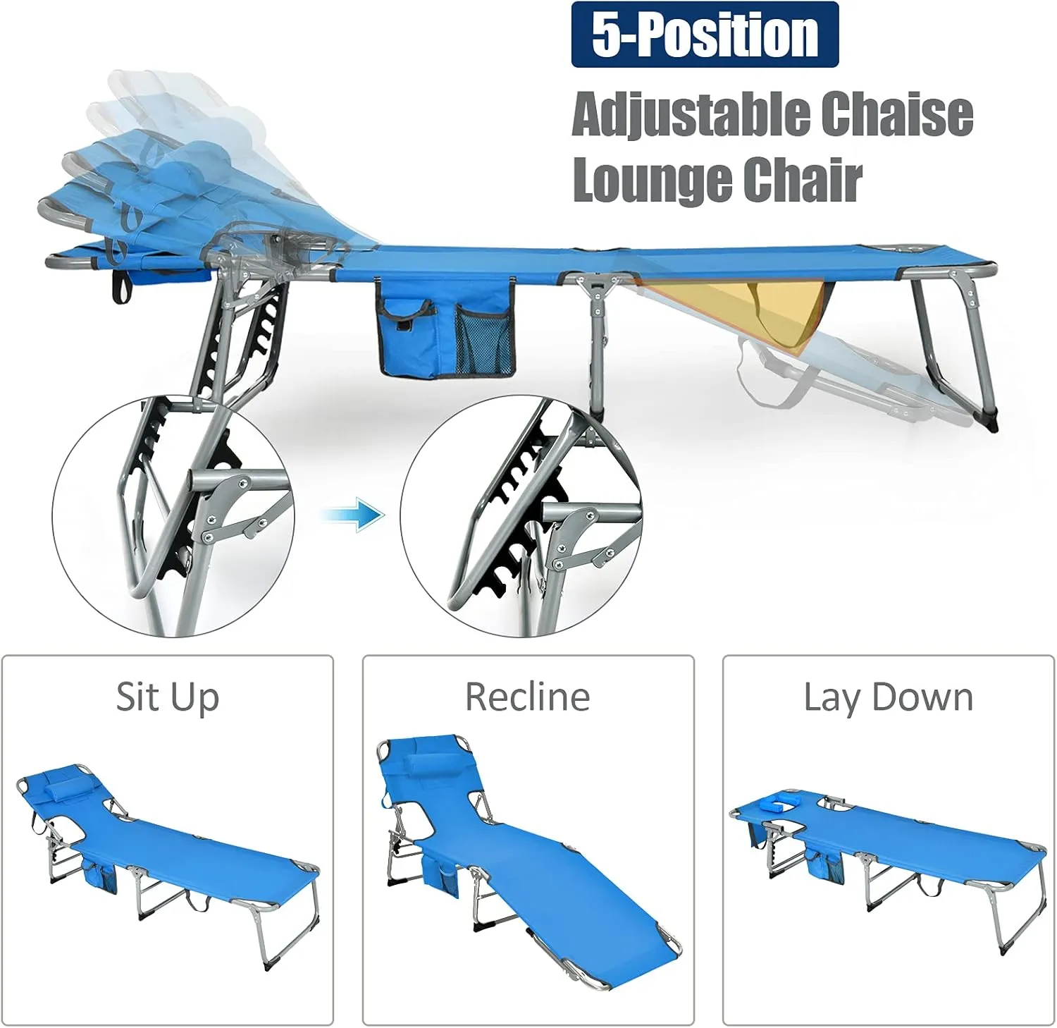 Giantex Lounge Chair Outdoor, Tanning Chair, Folding Beach Chair with Face Arm Hole, Washable Pillow, Side Pocket, Carry Handle, Adjustable Pool Lounger for Patio, Lawn, Lounge Chair Outside, Blue