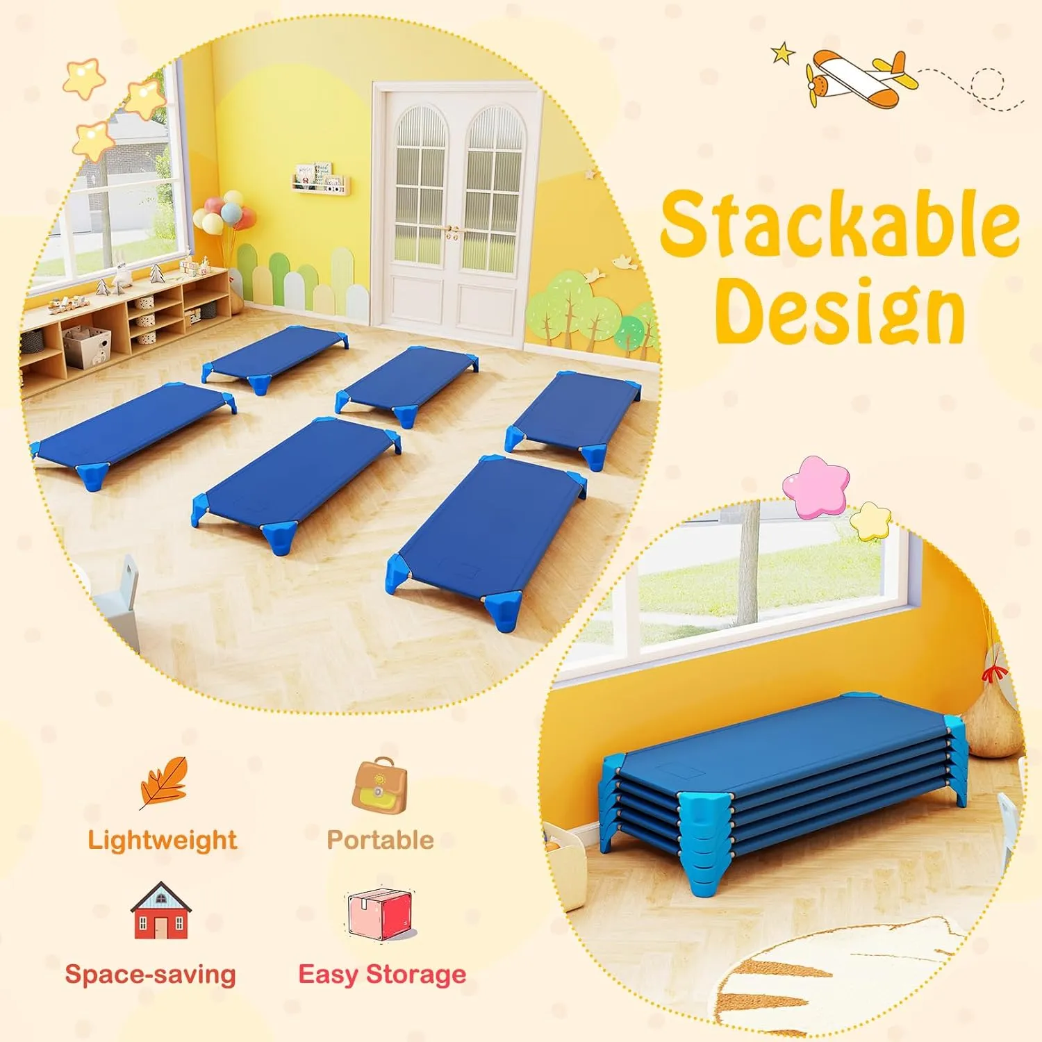Giantex Stackable Daycare Cots for Sleeping, 53" L x 24" W Portable Nap Cots for Kids and Toddlers w/Easy Lift Corners, Space-Saving Toddler Bed for Preschool Classroom Pet Daycare, Pack of 6, Blue
