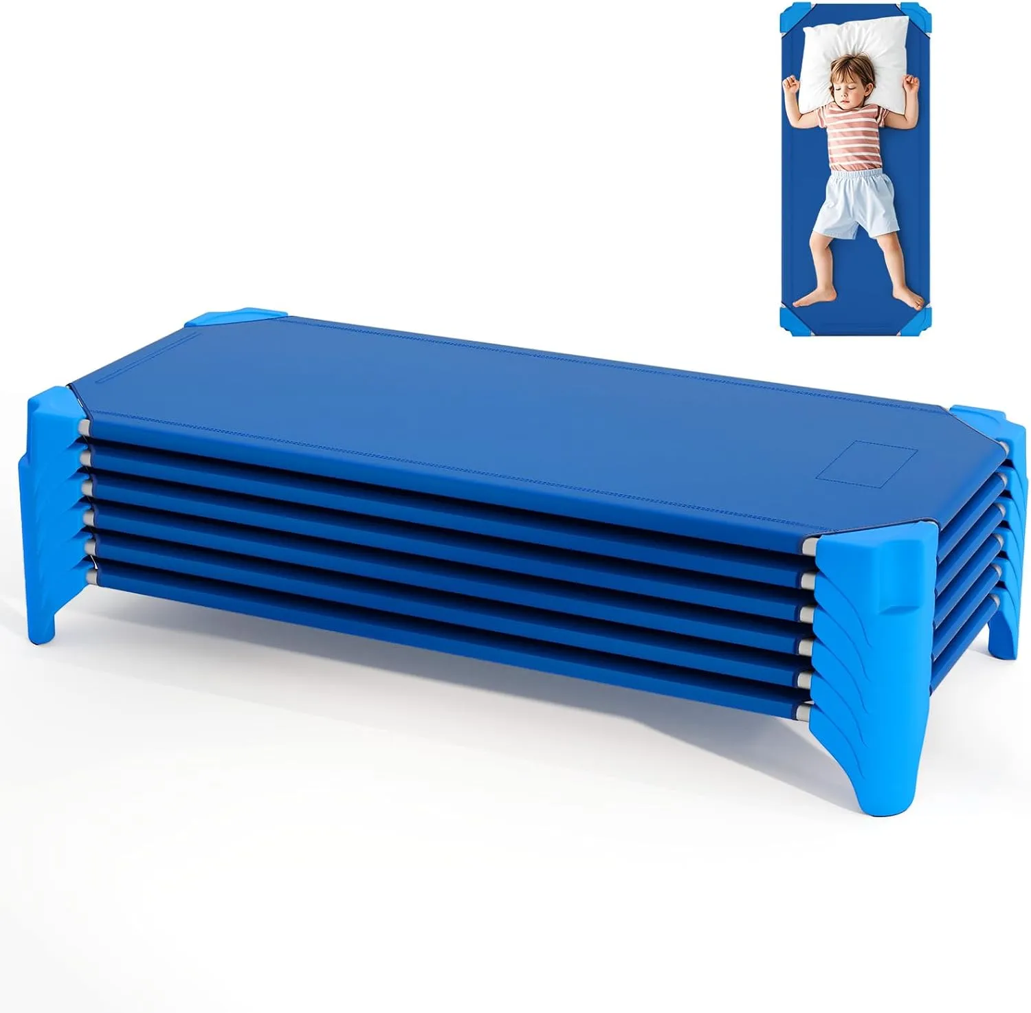 Giantex Stackable Daycare Cots for Sleeping, 53" L x 24" W Portable Nap Cots for Kids and Toddlers w/Easy Lift Corners, Space-Saving Toddler Bed for Preschool Classroom Pet Daycare, Pack of 6, Blue
