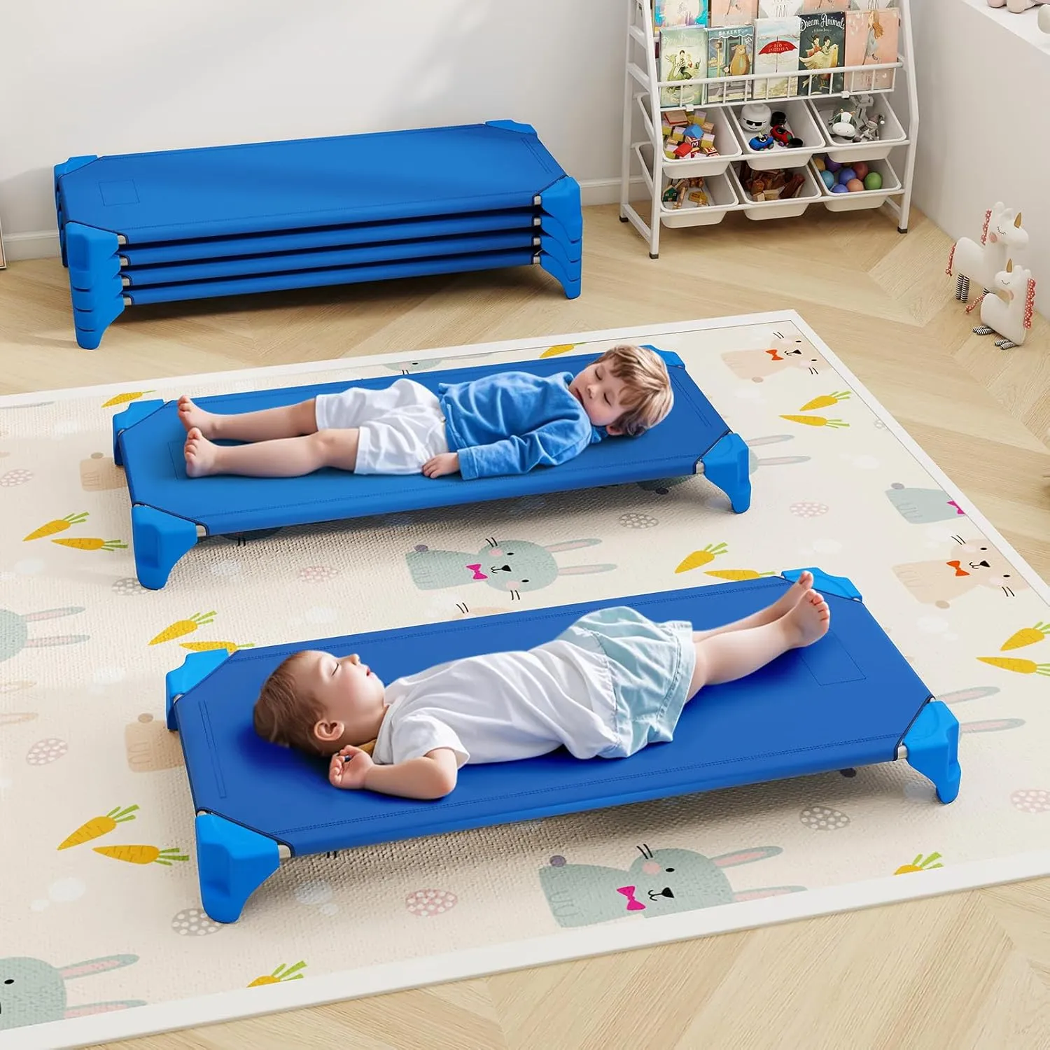 Giantex Stackable Daycare Cots for Sleeping, 53" L x 24" W Portable Nap Cots for Kids and Toddlers w/Easy Lift Corners, Space-Saving Toddler Bed for Preschool Classroom Pet Daycare, Pack of 6, Blue