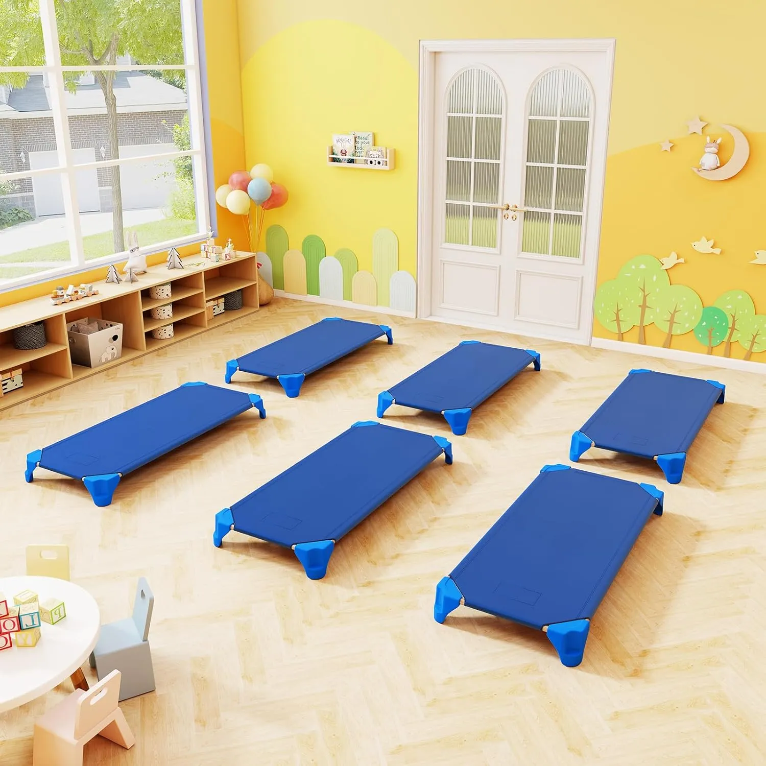 Giantex Stackable Daycare Cots for Sleeping, 53" L x 24" W Portable Nap Cots for Kids and Toddlers w/Easy Lift Corners, Space-Saving Toddler Bed for Preschool Classroom Pet Daycare, Pack of 6, Blue