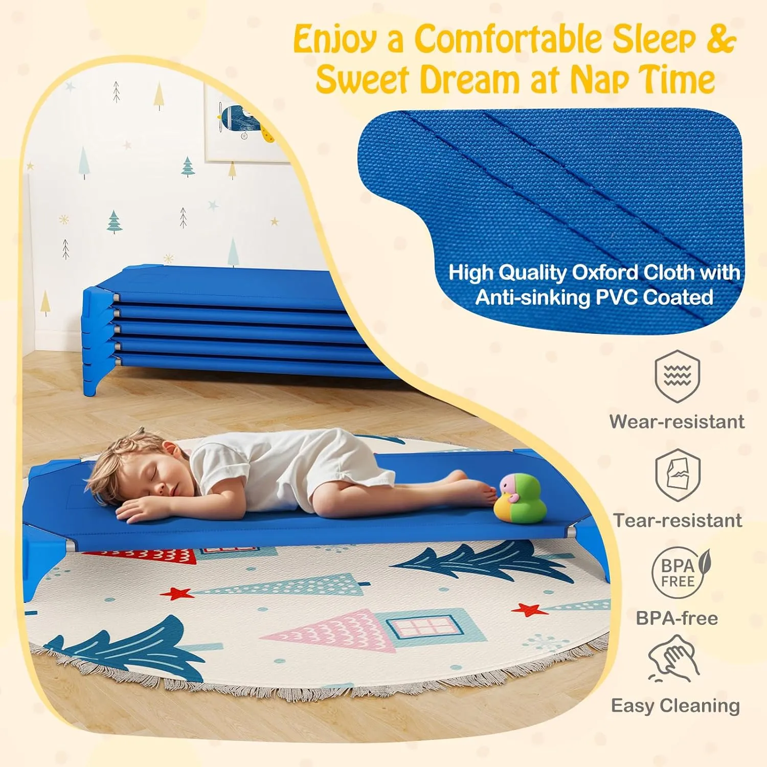 Giantex Stackable Daycare Cots for Sleeping, 53" L x 24" W Portable Nap Cots for Kids and Toddlers w/Easy Lift Corners, Space-Saving Toddler Bed for Preschool Classroom Pet Daycare, Pack of 6, Blue