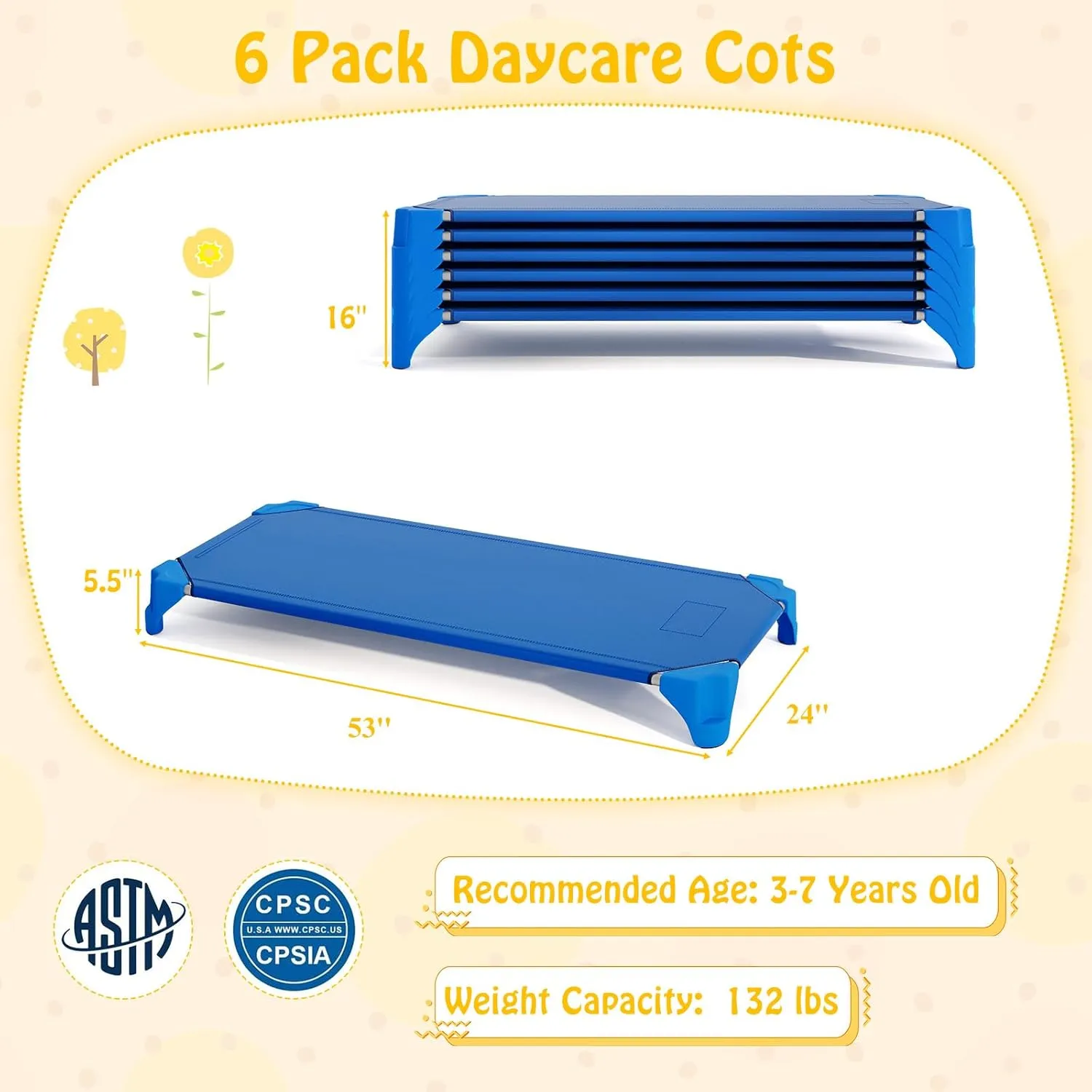 Giantex Stackable Daycare Cots for Sleeping, 53" L x 24" W Portable Nap Cots for Kids and Toddlers w/Easy Lift Corners, Space-Saving Toddler Bed for Preschool Classroom Pet Daycare, Pack of 6, Blue