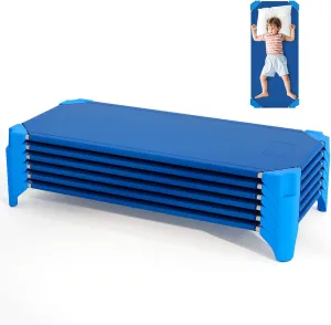 Giantex Stackable Daycare Cots for Sleeping, 53" L x 24" W Portable Nap Cots for Kids and Toddlers w/Easy Lift Corners, Space-Saving Toddler Bed for Preschool Classroom Pet Daycare, Pack of 6, Blue