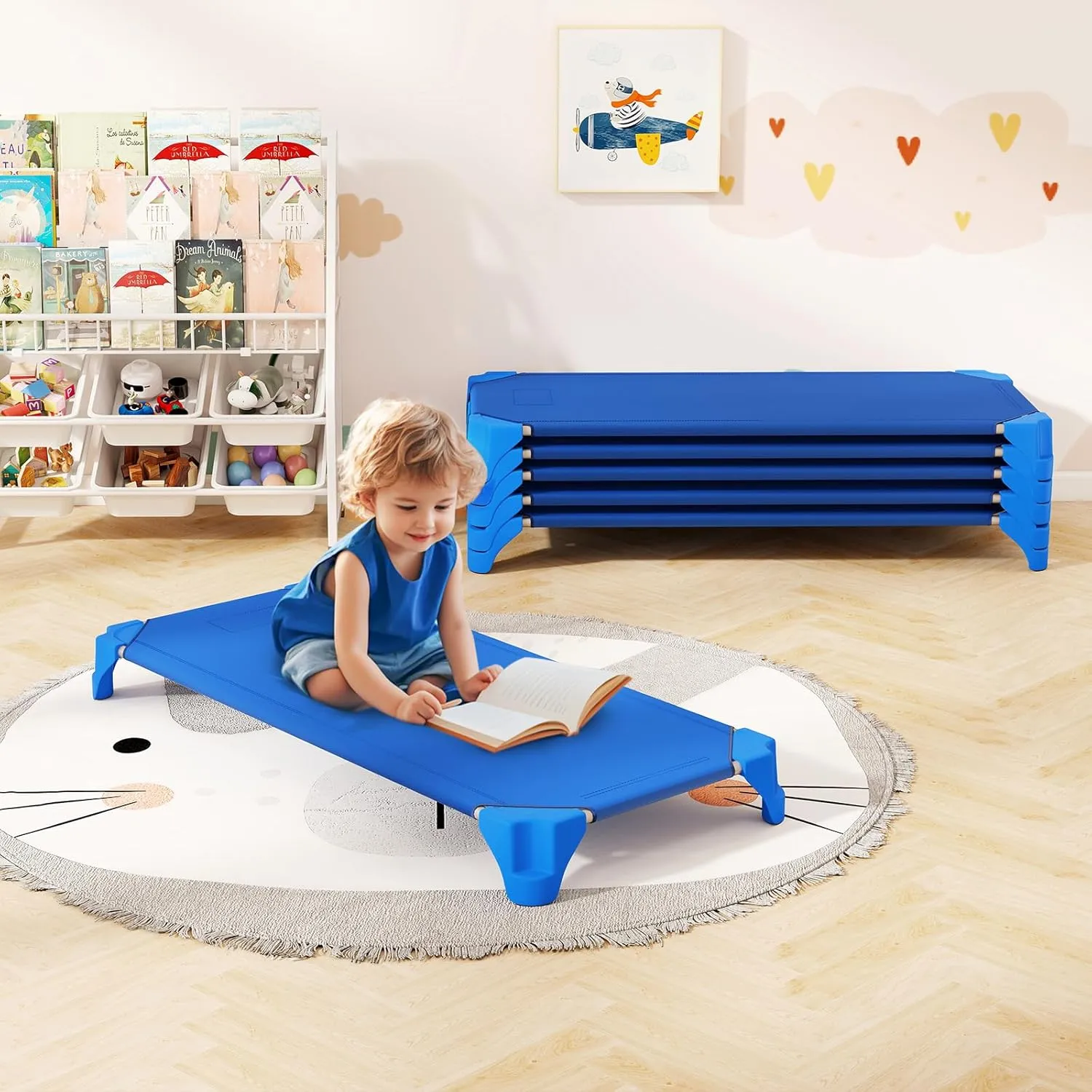 Giantex Stackable Daycare Cots for Sleeping, 53" L x 24" W Portable Nap Cots for Kids and Toddlers w/Easy Lift Corners, Space-Saving Toddler Bed for Preschool Classroom Pet Daycare, Pack of 6, Blue