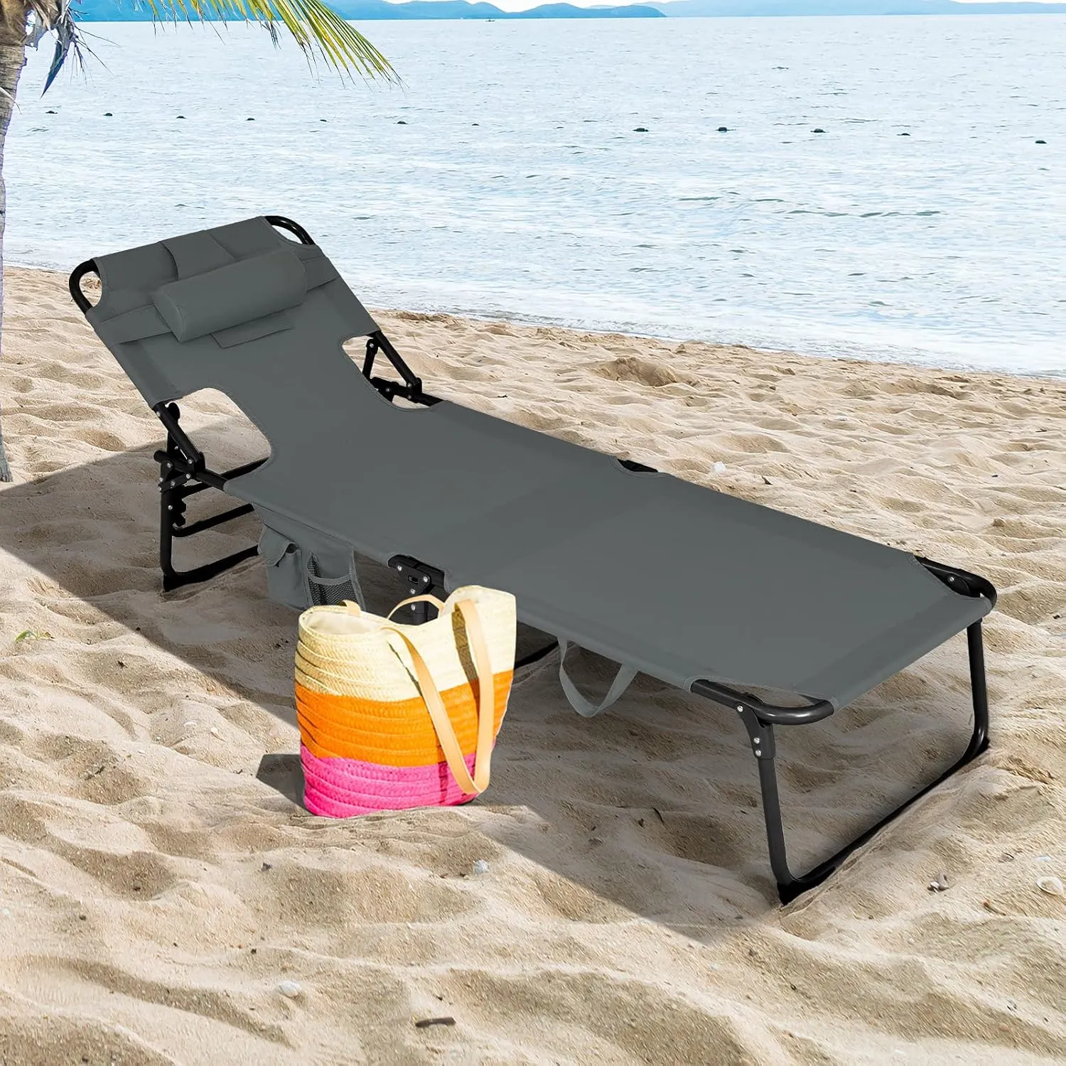 Giantex Tanning Chair, Beach Chair with Face Arm Hole, Detachable Pillow, Adjustable Backrest, Side Pocket, Carry Handle, Outdoor Folding Chaise Lounge for Sunbathing (1, Gray)