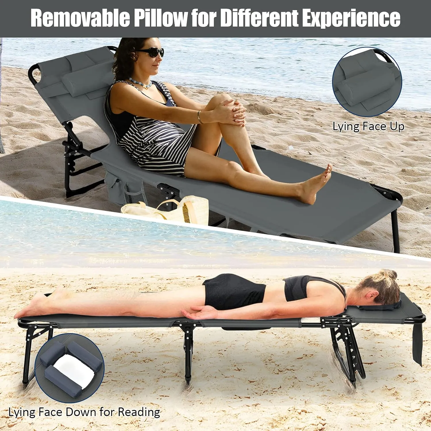 Giantex Tanning Chair, Beach Chair with Face Arm Hole, Detachable Pillow, Adjustable Backrest, Side Pocket, Carry Handle, Outdoor Folding Chaise Lounge for Sunbathing (1, Gray)