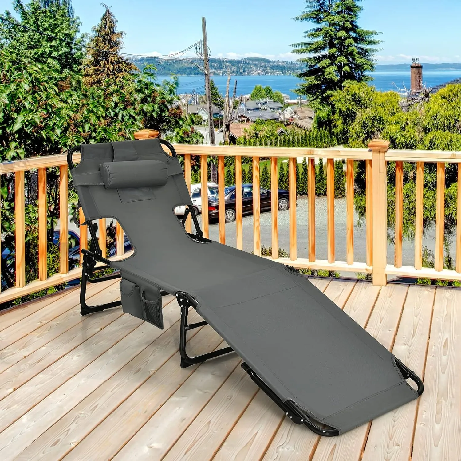 Giantex Tanning Chair, Beach Chair with Face Arm Hole, Detachable Pillow, Adjustable Backrest, Side Pocket, Carry Handle, Outdoor Folding Chaise Lounge for Sunbathing (1, Gray)