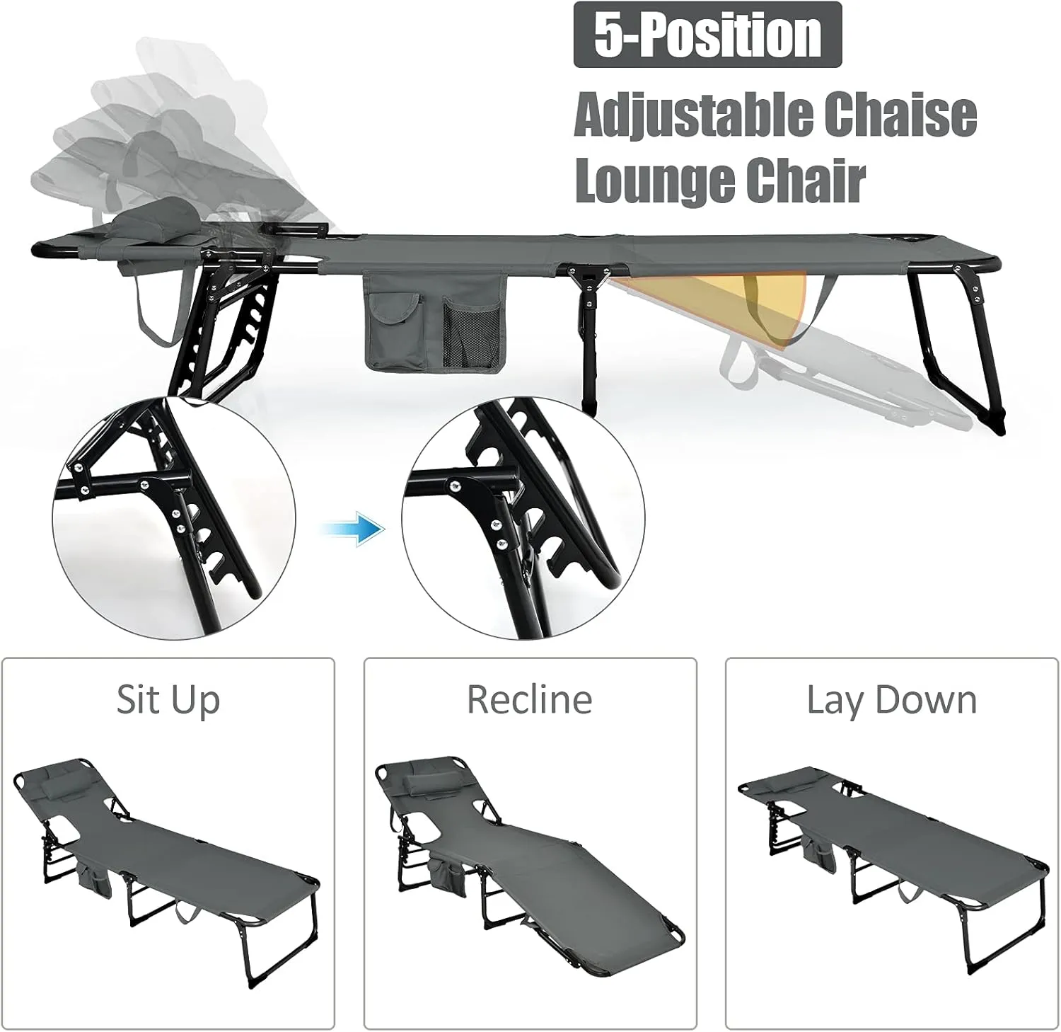 Giantex Tanning Chair, Beach Chair with Face Arm Hole, Detachable Pillow, Adjustable Backrest, Side Pocket, Carry Handle, Outdoor Folding Chaise Lounge for Sunbathing (1, Gray)