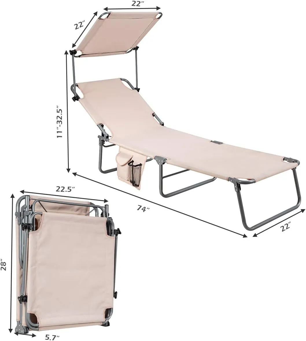 Giantex Tanning Chair, Patio Chaise Lounge Chair with 5 Adjustable Position, Shade Canopy, Storage Pocket, Camping Cot, Outdoor Sunbathing Recliner for Poolside, Lawn Folding Beach Chairs(1, Beige)