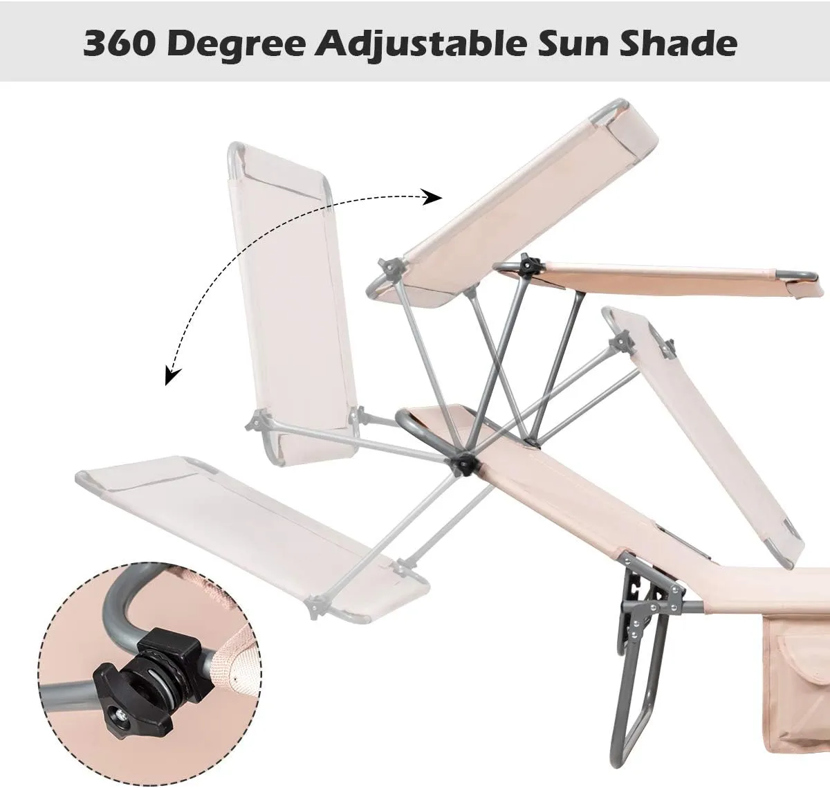 Giantex Tanning Chair, Patio Chaise Lounge Chair with 5 Adjustable Position, Shade Canopy, Storage Pocket, Camping Cot, Outdoor Sunbathing Recliner for Poolside, Lawn Folding Beach Chairs(1, Beige)
