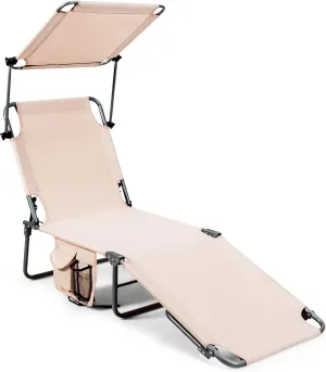 Giantex Tanning Chair, Patio Chaise Lounge Chair with 5 Adjustable Position, Shade Canopy, Storage Pocket, Camping Cot, Outdoor Sunbathing Recliner for Poolside, Lawn Folding Beach Chairs(1, Beige)