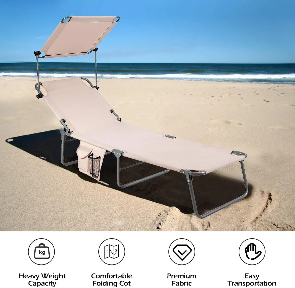 Giantex Tanning Chair, Patio Chaise Lounge Chair with 5 Adjustable Position, Shade Canopy, Storage Pocket, Camping Cot, Outdoor Sunbathing Recliner for Poolside, Lawn Folding Beach Chairs(1, Beige)