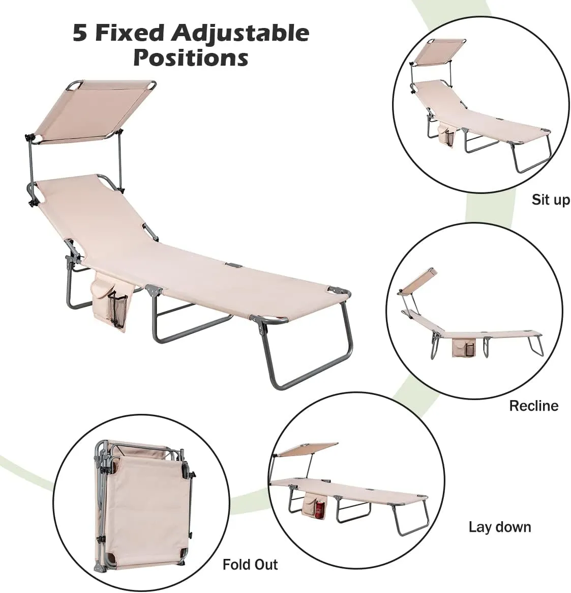 Giantex Tanning Chair, Patio Chaise Lounge Chair with 5 Adjustable Position, Shade Canopy, Storage Pocket, Camping Cot, Outdoor Sunbathing Recliner for Poolside, Lawn Folding Beach Chairs(1, Beige)