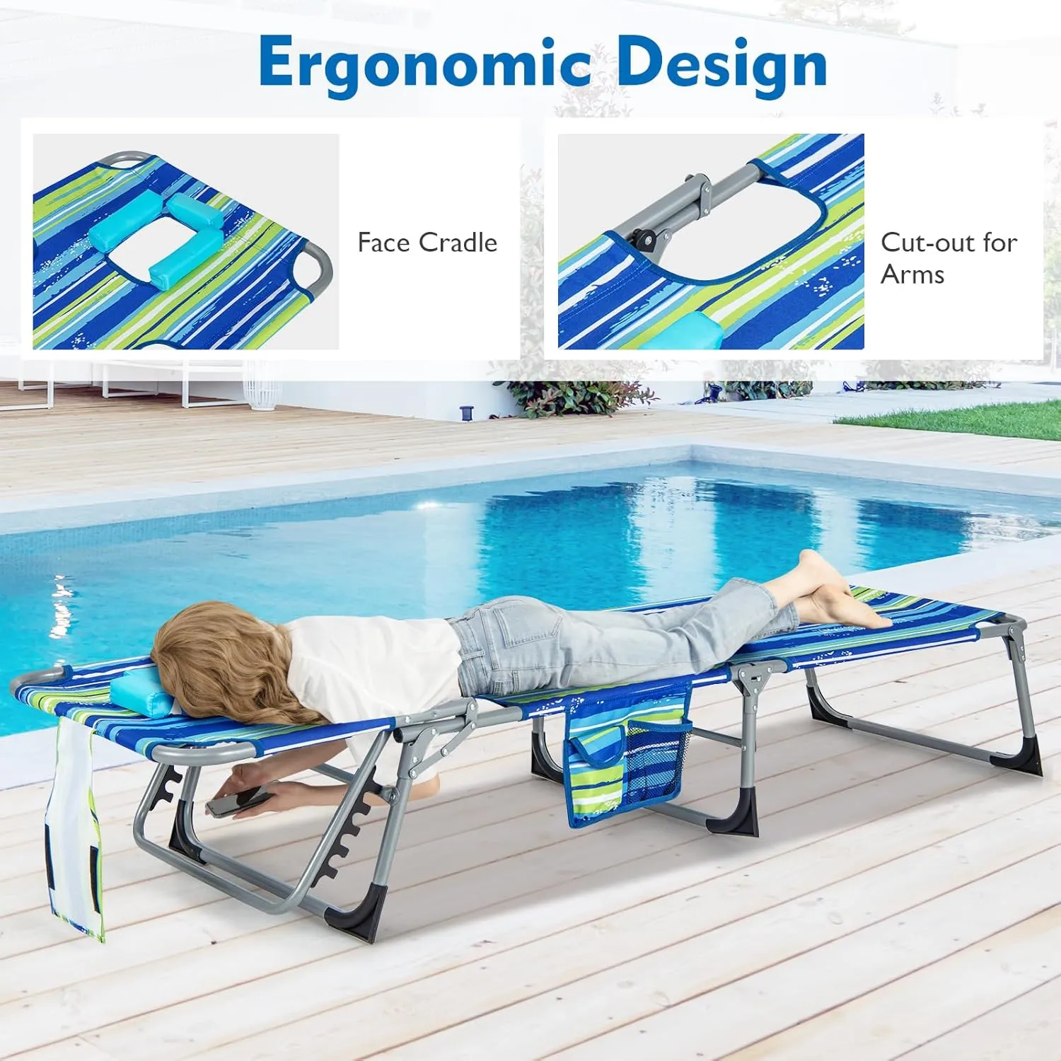 Giantex Tanning Chair with Face Arm Hole, Washable Pillow, Side Pocket, Carry Handle, Adjustable Pool Lounger, Folding Lounge Chair for Outdoor, Patio, Lawn, Beach, Poolside, Outside