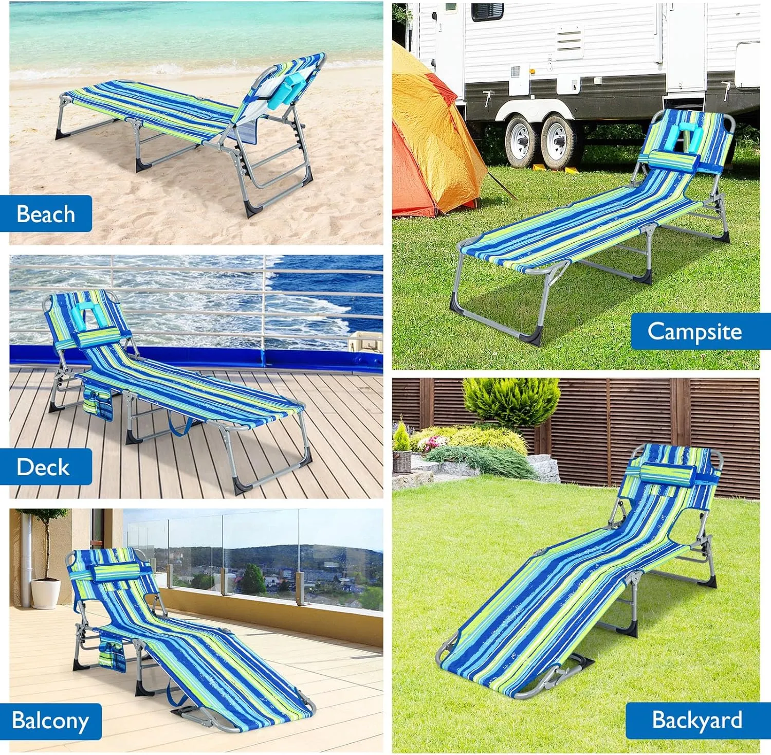 Giantex Tanning Chair with Face Arm Hole, Washable Pillow, Side Pocket, Carry Handle, Adjustable Pool Lounger, Folding Lounge Chair for Outdoor, Patio, Lawn, Beach, Poolside, Outside