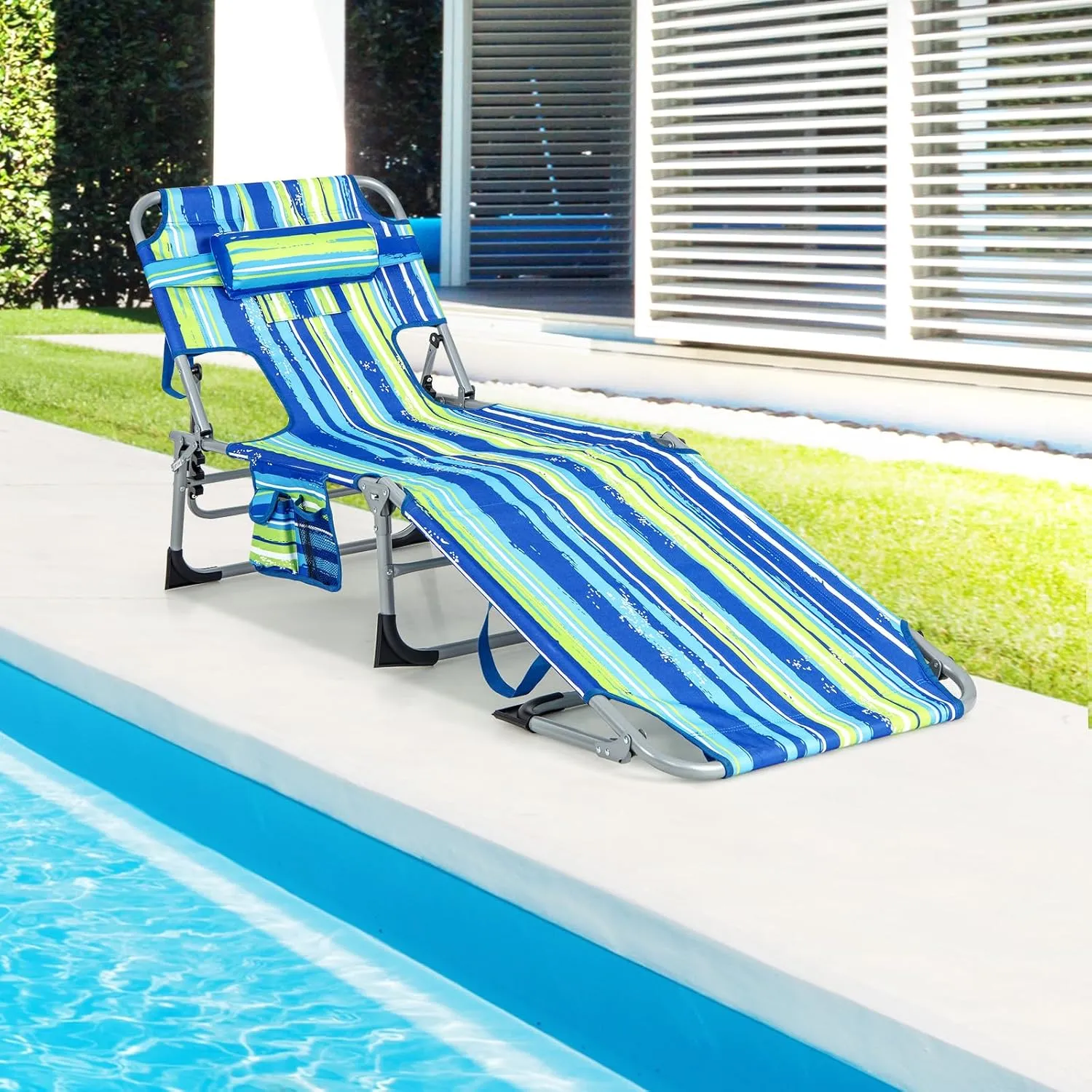 Giantex Tanning Chair with Face Arm Hole, Washable Pillow, Side Pocket, Carry Handle, Adjustable Pool Lounger, Folding Lounge Chair for Outdoor, Patio, Lawn, Beach, Poolside, Outside