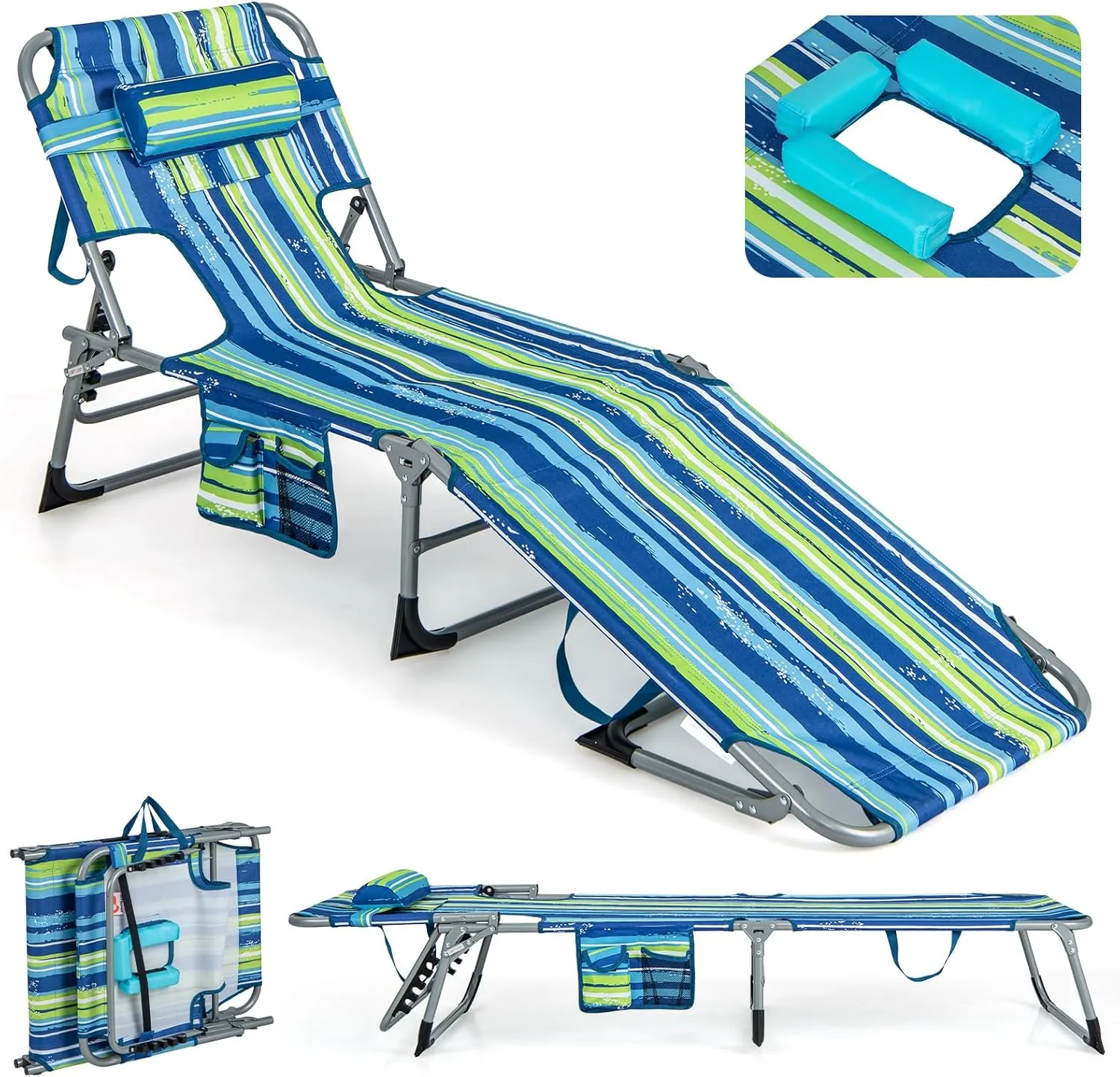 Giantex Tanning Chair with Face Arm Hole, Washable Pillow, Side Pocket, Carry Handle, Adjustable Pool Lounger, Folding Lounge Chair for Outdoor, Patio, Lawn, Beach, Poolside, Outside