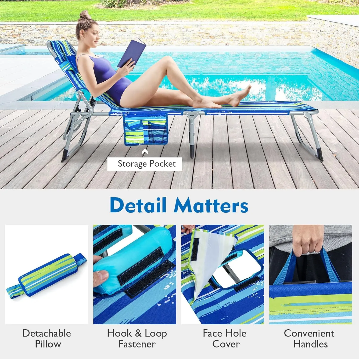 Giantex Tanning Chair with Face Arm Hole, Washable Pillow, Side Pocket, Carry Handle, Adjustable Pool Lounger, Folding Lounge Chair for Outdoor, Patio, Lawn, Beach, Poolside, Outside