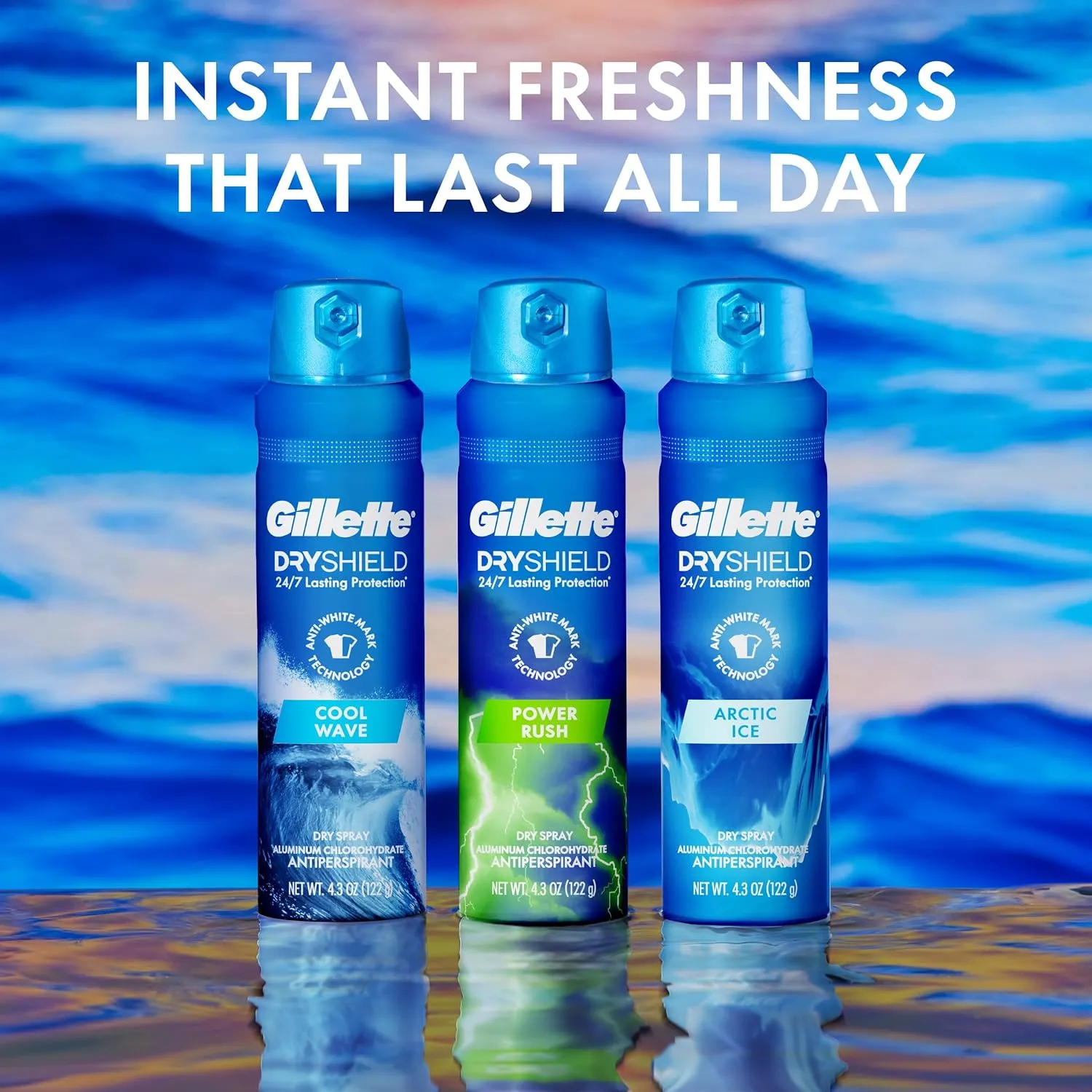 Gillette Dry Spray Antiperspirant and Deodorant for Men, 24/7 Sweat & Odor Protection, Anti-White Mark Technology, Cool Wave Scent, 4.3 oz (Pack of 3)