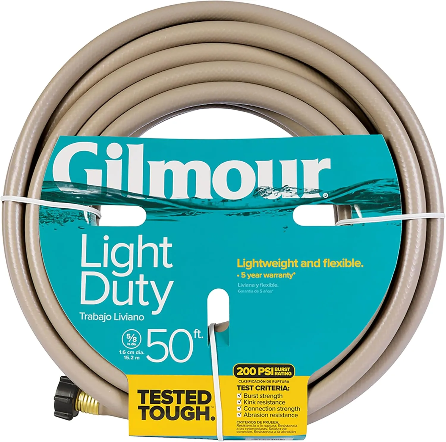 Gilmour 5/8" x 50' Light Duty Water Hose, Flexible Garden Hose for Vegetable Gardens, Flower Beds, and Lawn Sprinklers, Tan