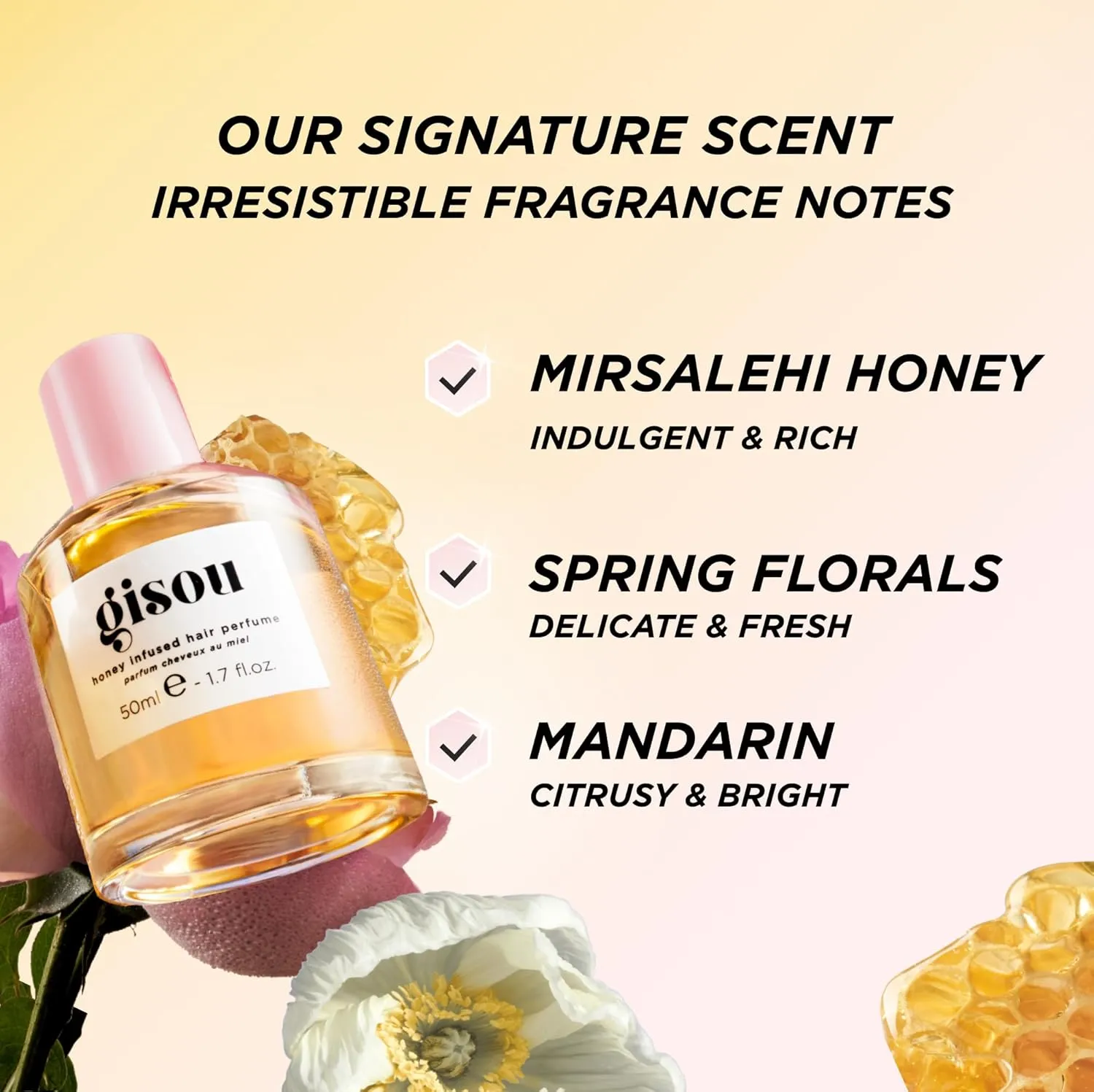 Gisou Honey Infused Hair Perfume, A Delicate Hair Fragrance with Sweet Notes of Honey Blended into Spring Florals, Nourishing and Hydrating Hair Shine Spray (1.7 fl oz)