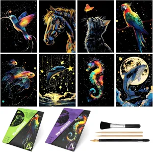 Glow in The Dark Scratch Art Kit - 8 Sheet Rainbow Scratchboards(A5) | Creative Engraving Craft Supplies for Teens & Adults | DIY Projects & Sketching Activity | ASMR Stress-Relieving Gift (Animals)
