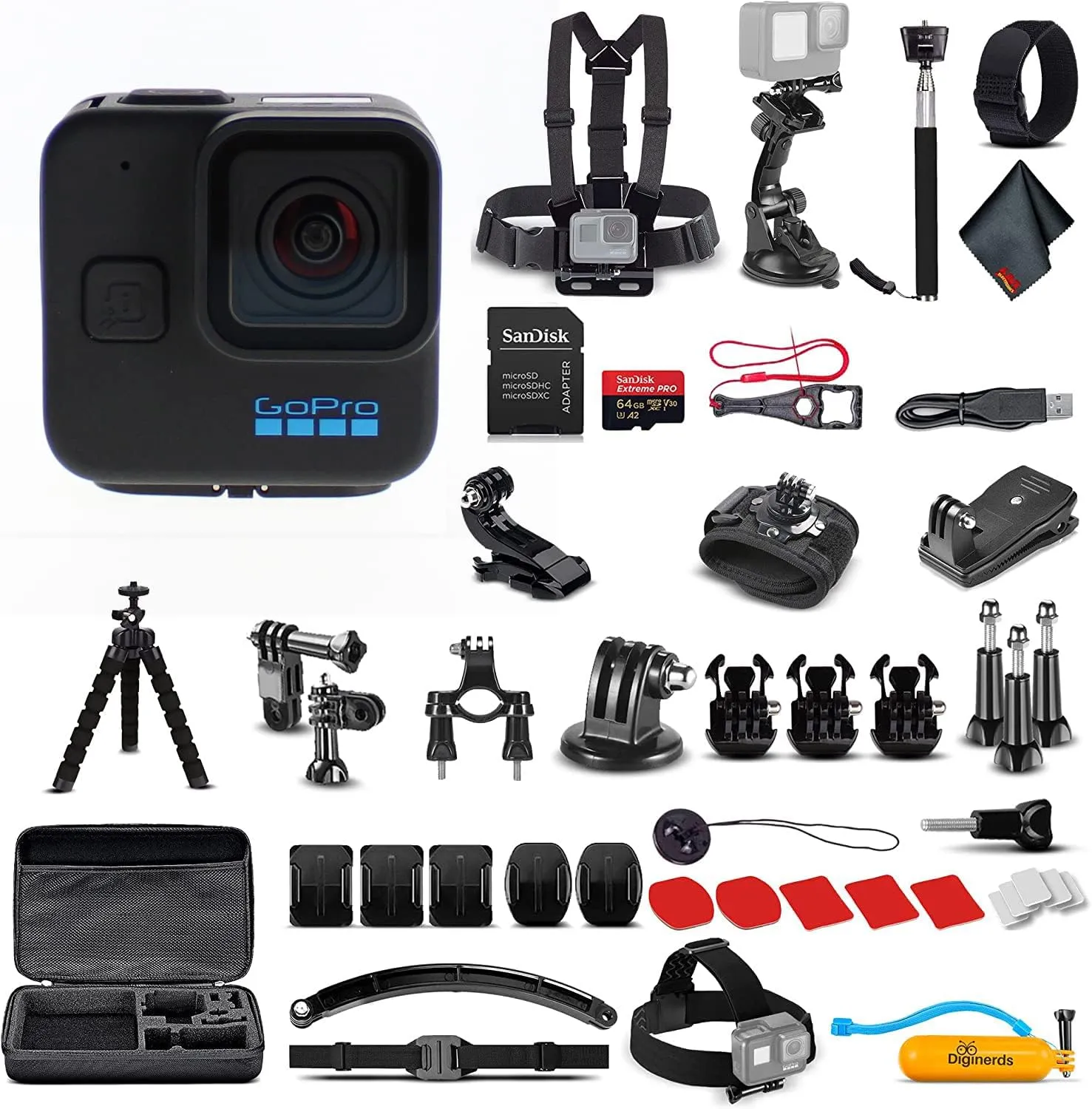 Go Pro HERO11 Hero11 Black Mini - Waterproof Action Camera with 5.3K Ultra HD Video, 24.7MP Photos, 1/1.9" Sensor, Stabilization   50-in-1 Accessory Kit   64GB Card   More
