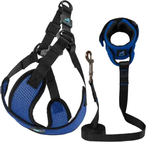 Gooby Comfort X Step in Lite Harness and Mesh Wristband Surfer Leash Set-Blue, Medium, 6 FT-Choke Free and Escape Free Harness with Breathable Mesh and Mesh Handsfree Leash for Small and Medium Dog