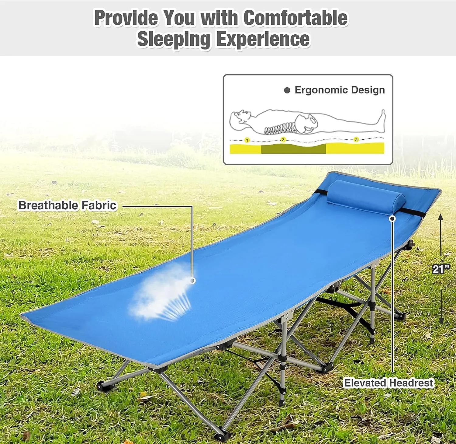 Goplus Camping Cot, Folding Camping Bed for Adults w/Carrying Bag, 500 LBS Max Load, Side Pocket, Detachable Pillow, Lightweight Portable Sleeping Cot for Home Office Hiking Picnic