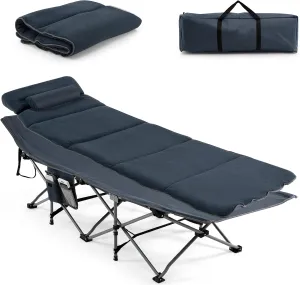 Goplus Camping Cot, Folding Camping Cot with Mattress, Pillow, Carry Bag, Storage Pocket, Camping Bed Military Cot for Home Office Nap Hiking, Heavy-Duty Portable Sleeping Cot for Adults Kids (Blue)