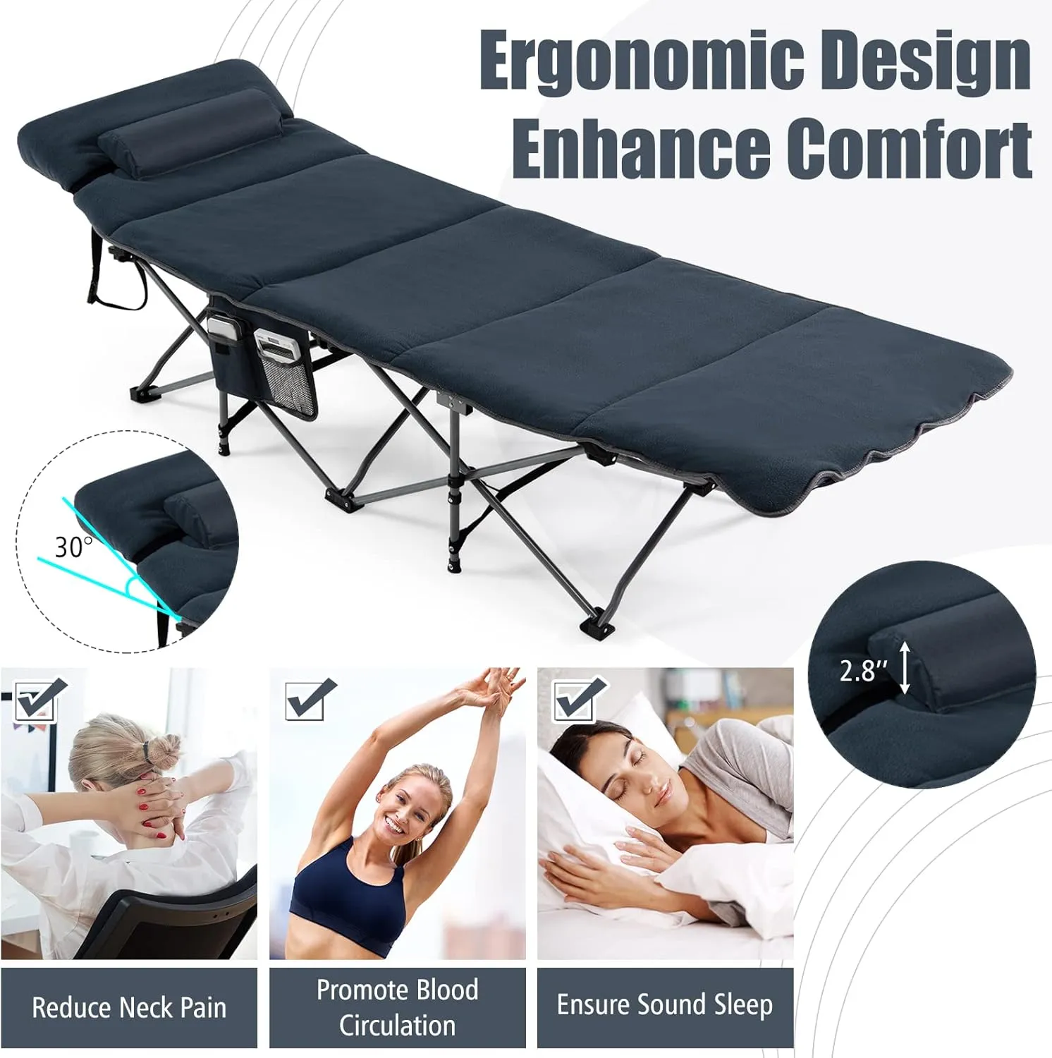 Goplus Camping Cot, Folding Camping Cot with Mattress, Pillow, Carry Bag, Storage Pocket, Camping Bed Military Cot for Home Office Nap Hiking, Heavy-Duty Portable Sleeping Cot for Adults Kids (Blue)