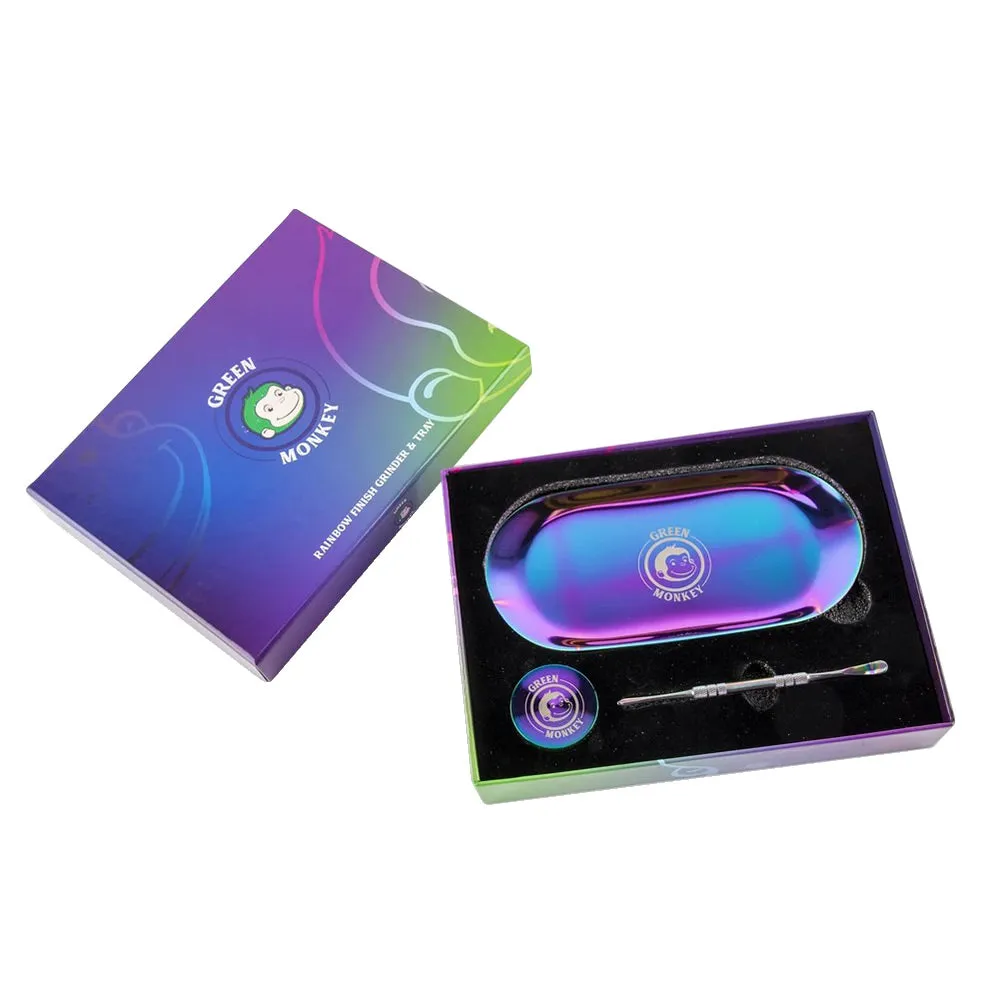 Green Monkey Rainbow Finish Rolling Tray & Grinder Kit