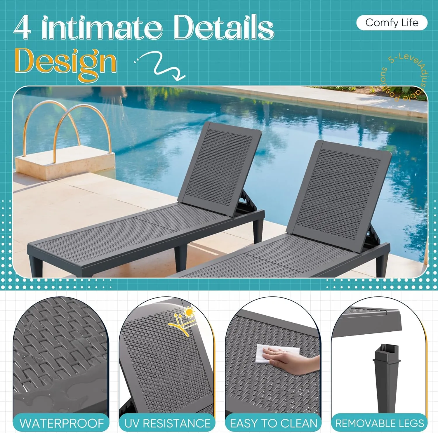 Greesum Outdoor Chaise Lounge Chairs Set of 2 with 5-Position Adjustable Backrest, Waterproof PP Sun Loungers for Garden Pool Beach Patio Deck Sunbathing, Grey